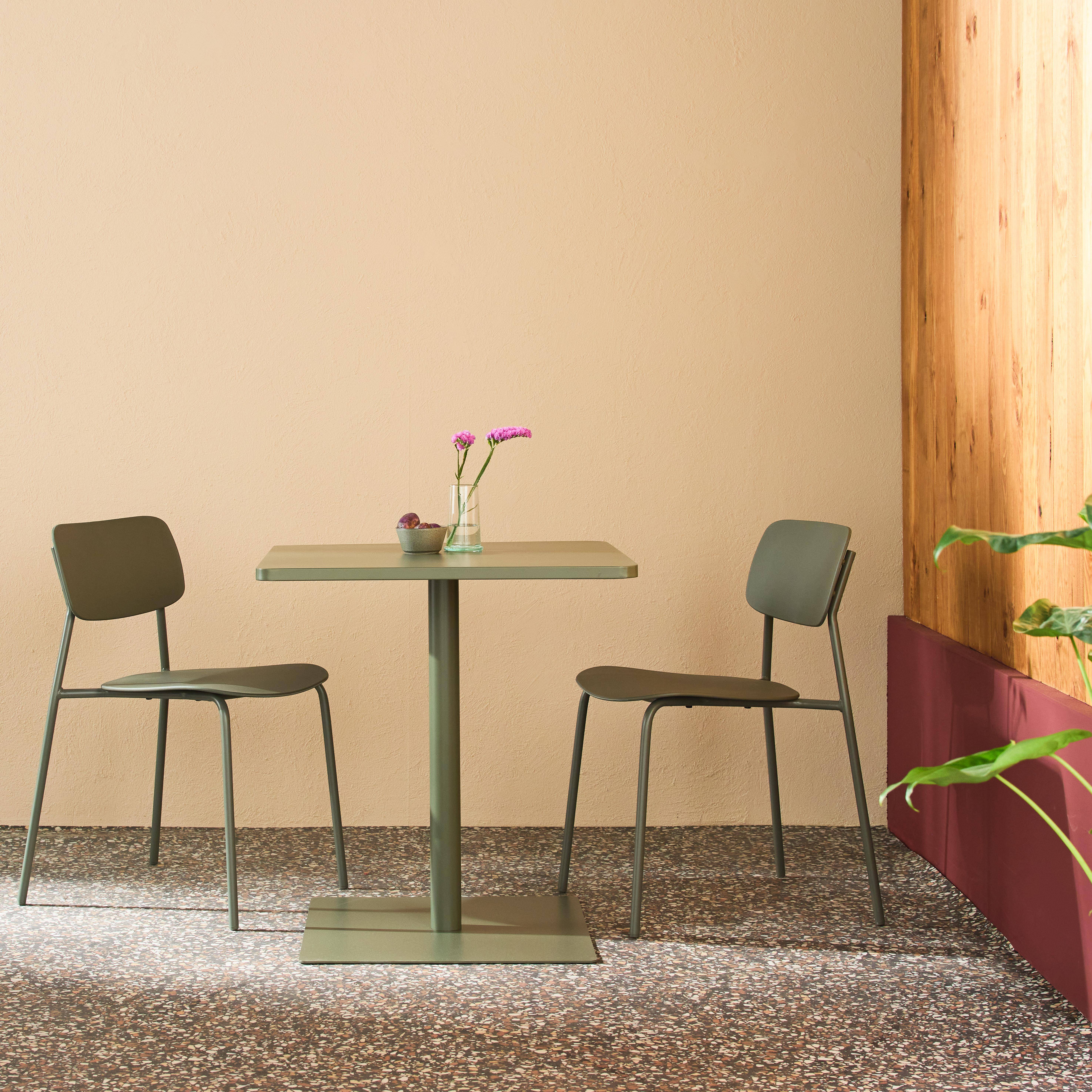 Set mesa de jardim bistrô quadrada de aço com 2 cadeiras Verde caqui - 70x70x73 cm Photo1