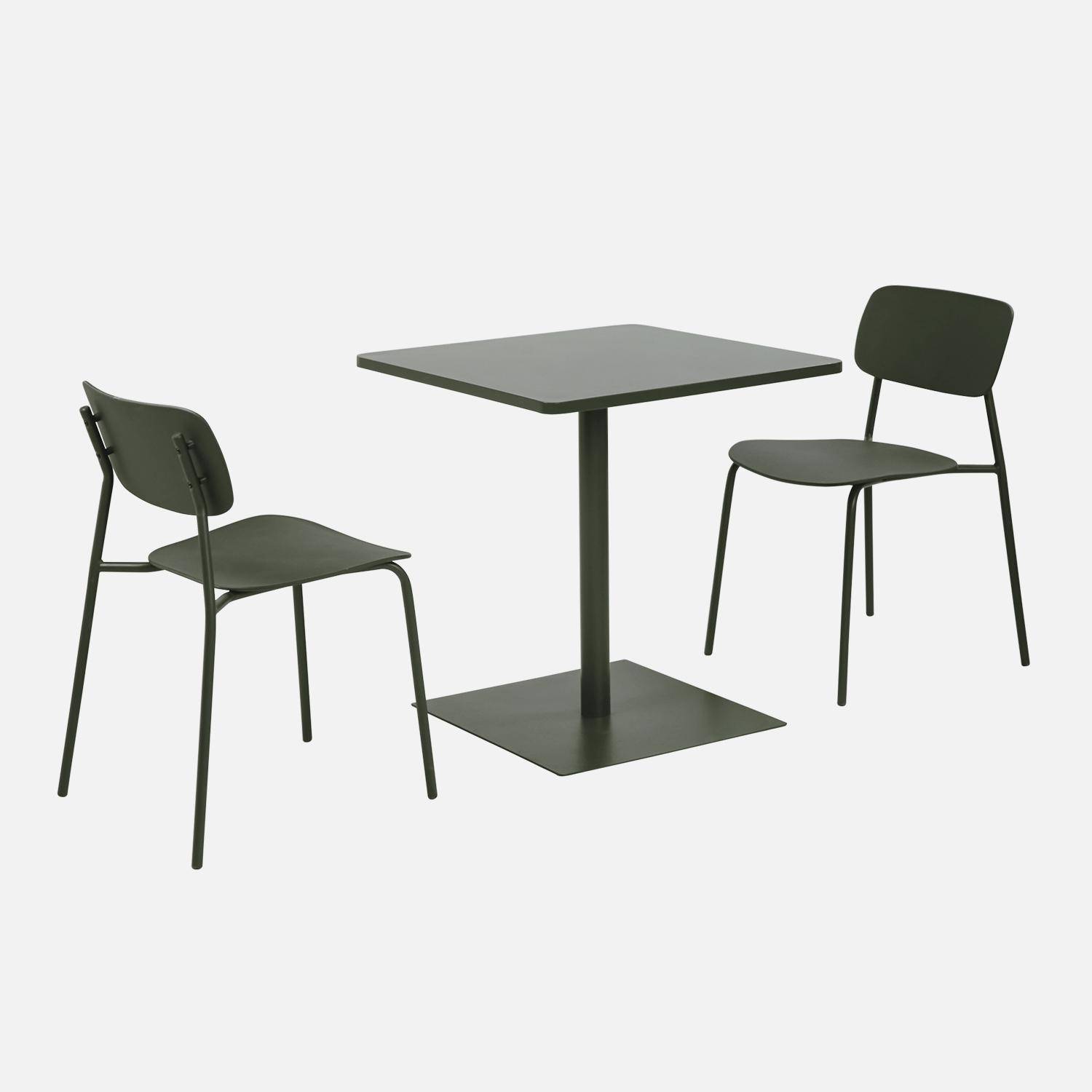 Conjunto de jardim com mesa bistrô quadrada de aço com 2 cadeiras Verde caqui - 70x70x73 cm,sweeek,Photo3