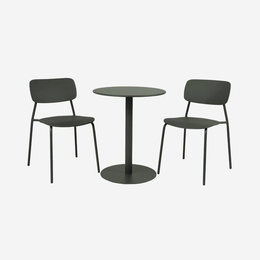 Table de jardin bistrot acier + 2 assises Ø60cm kaki
