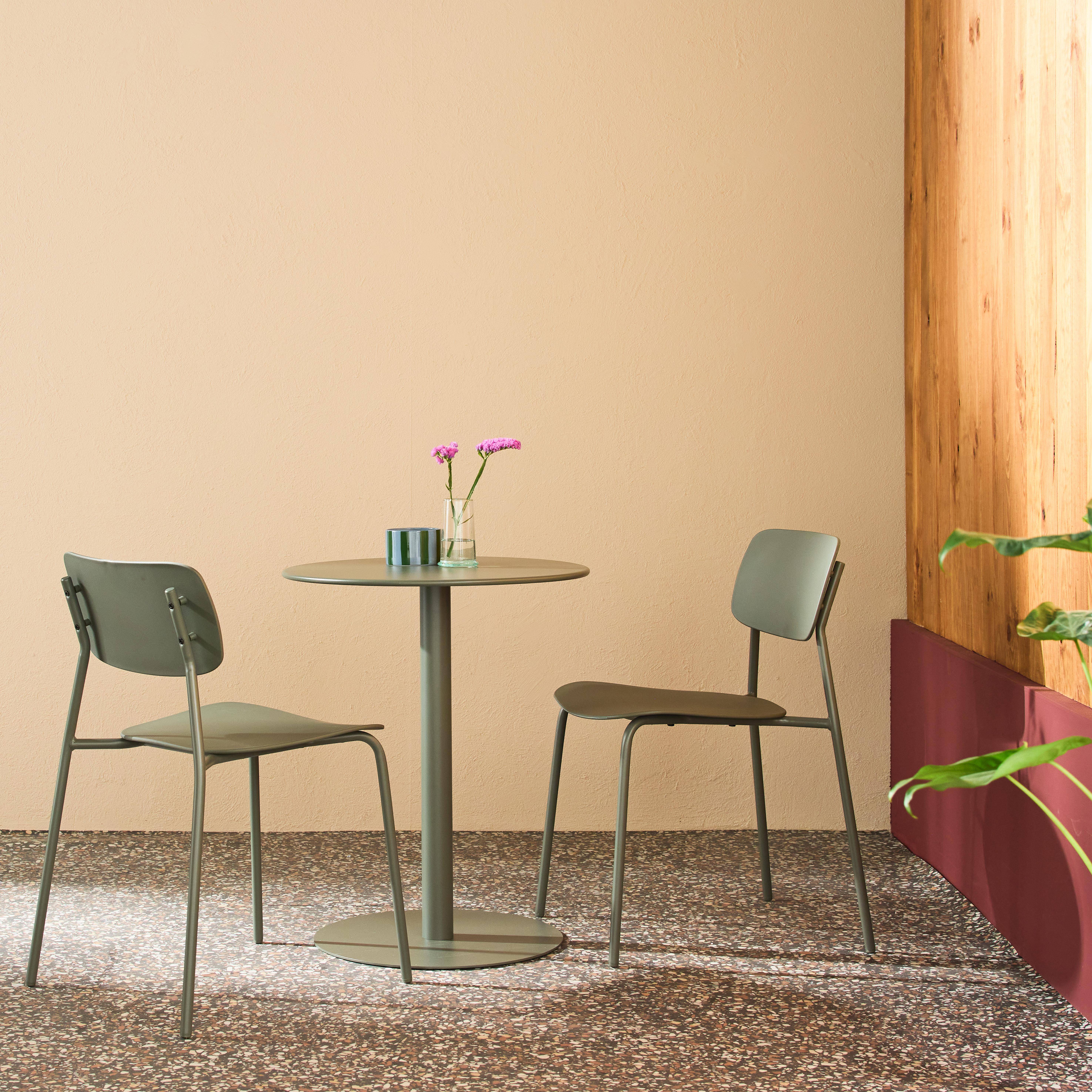Bistro-Gartentisch rund aus Stahl + 2 Stühle  Ø 60 cm khaki - Orea + Liva Photo1