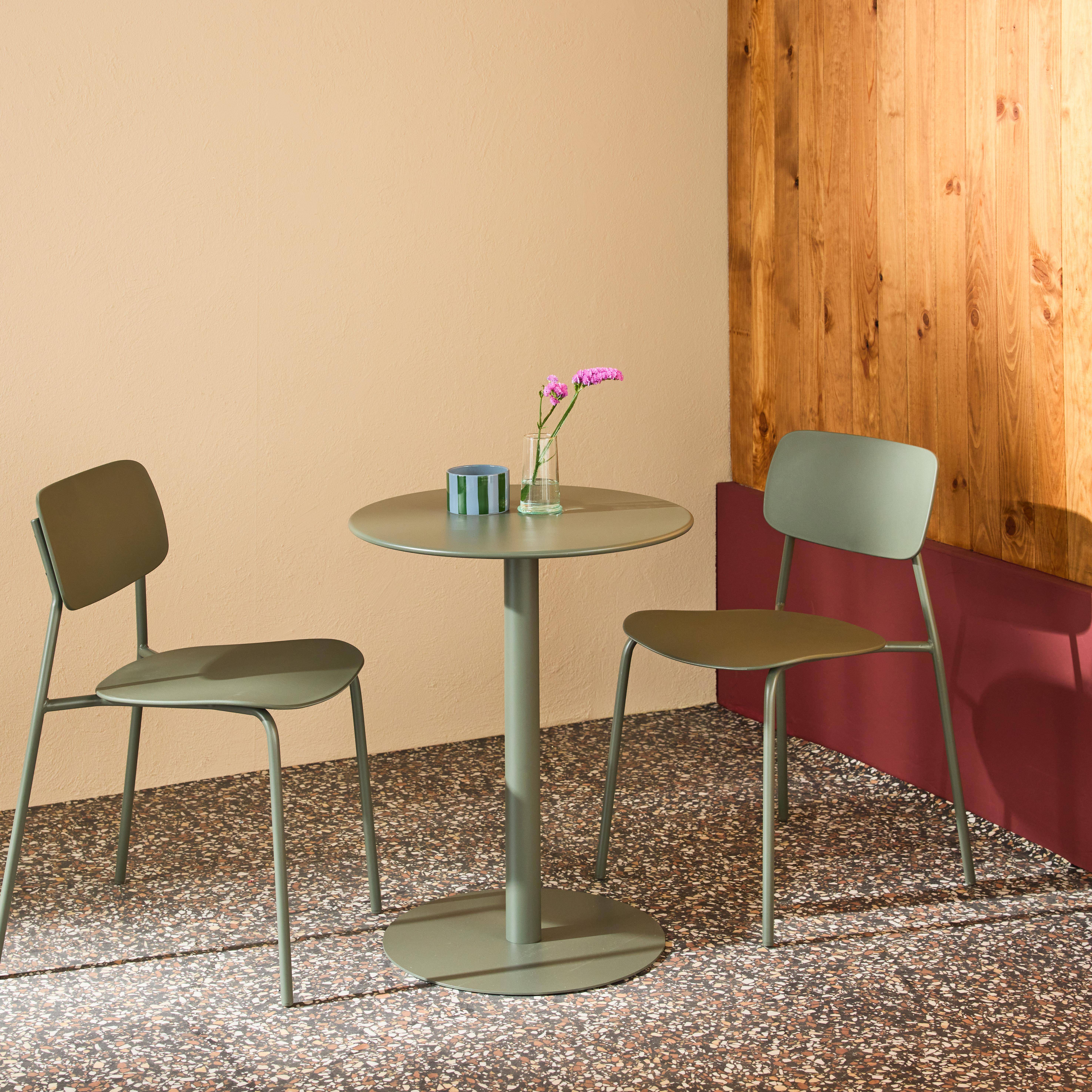 Bistro-Gartentisch rund aus Stahl + 2 Stühle  Ø 60 cm khaki - Orea + Liva Photo2