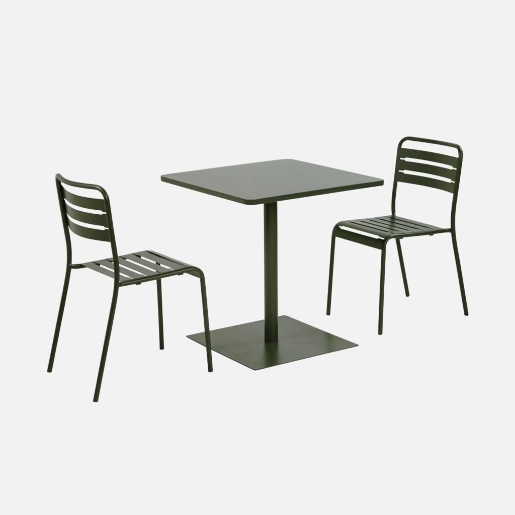 Table de jardin bistrot acier + 2 assises 70 cm kaki