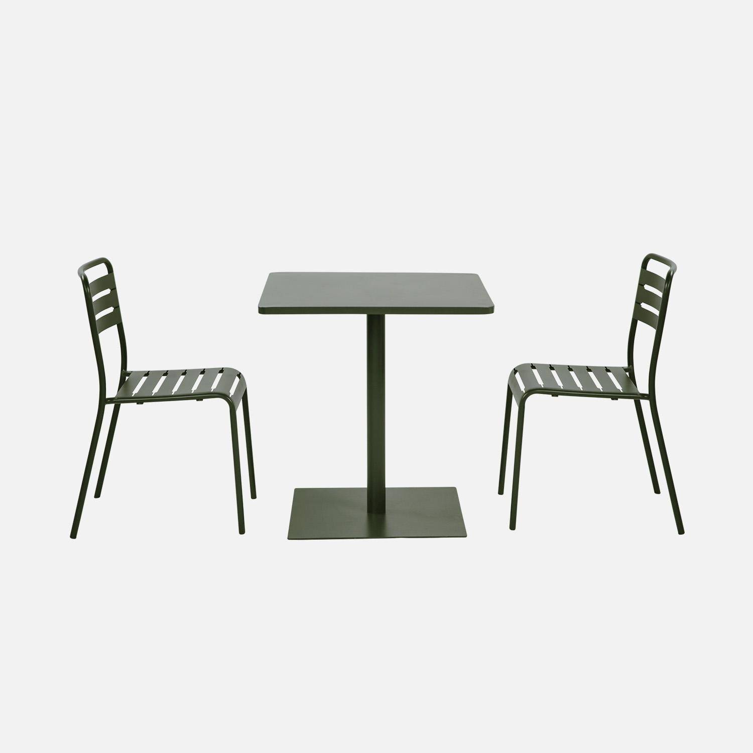 Table de jardin bistrot carré acier + 2 assises 70 cm kaki - Orea + Amélia,sweeek,Photo2