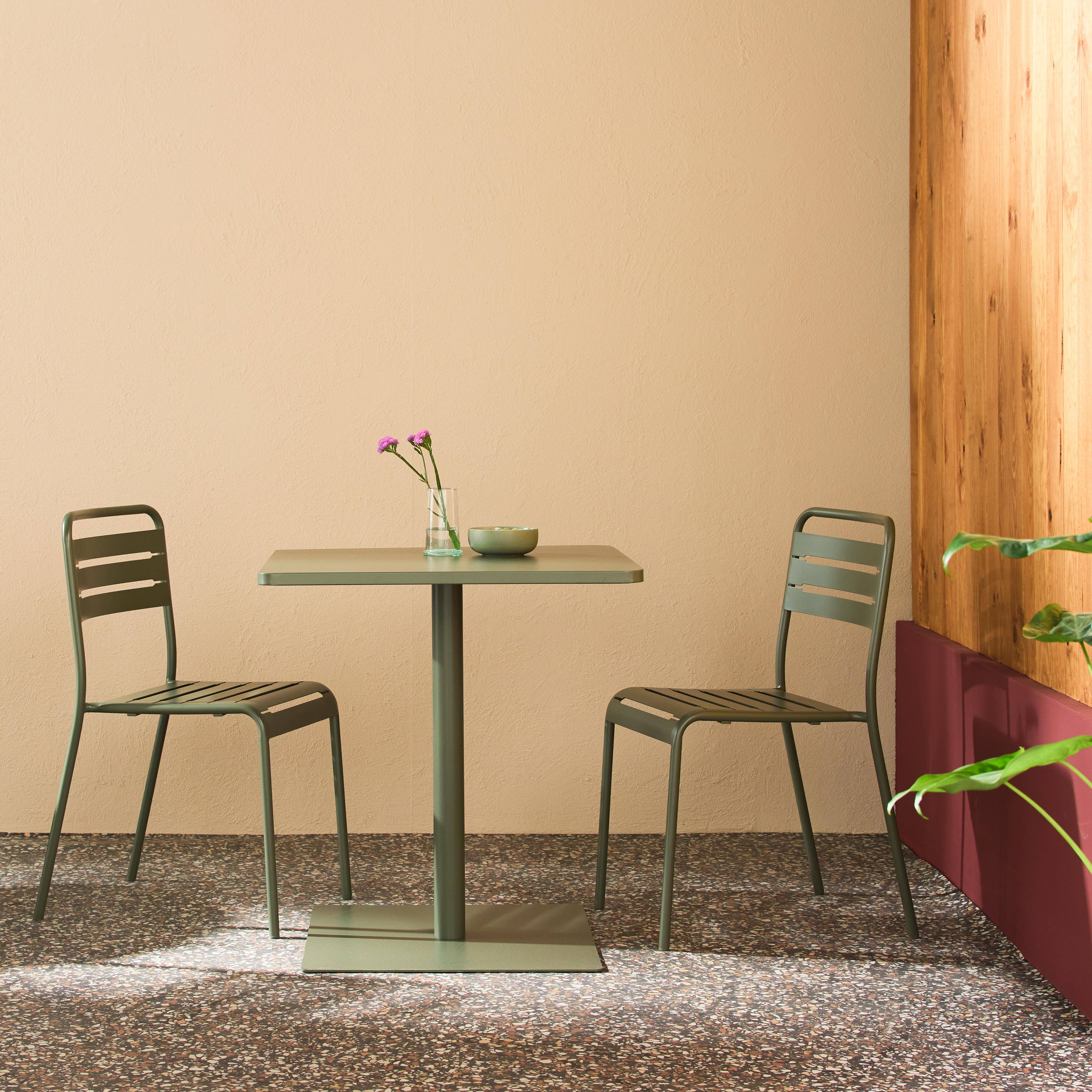Mesa de jardín bistró cuadrada de acero con 2 sillas Verde kaki - 70x70x73 cm,sweeek,Photo1