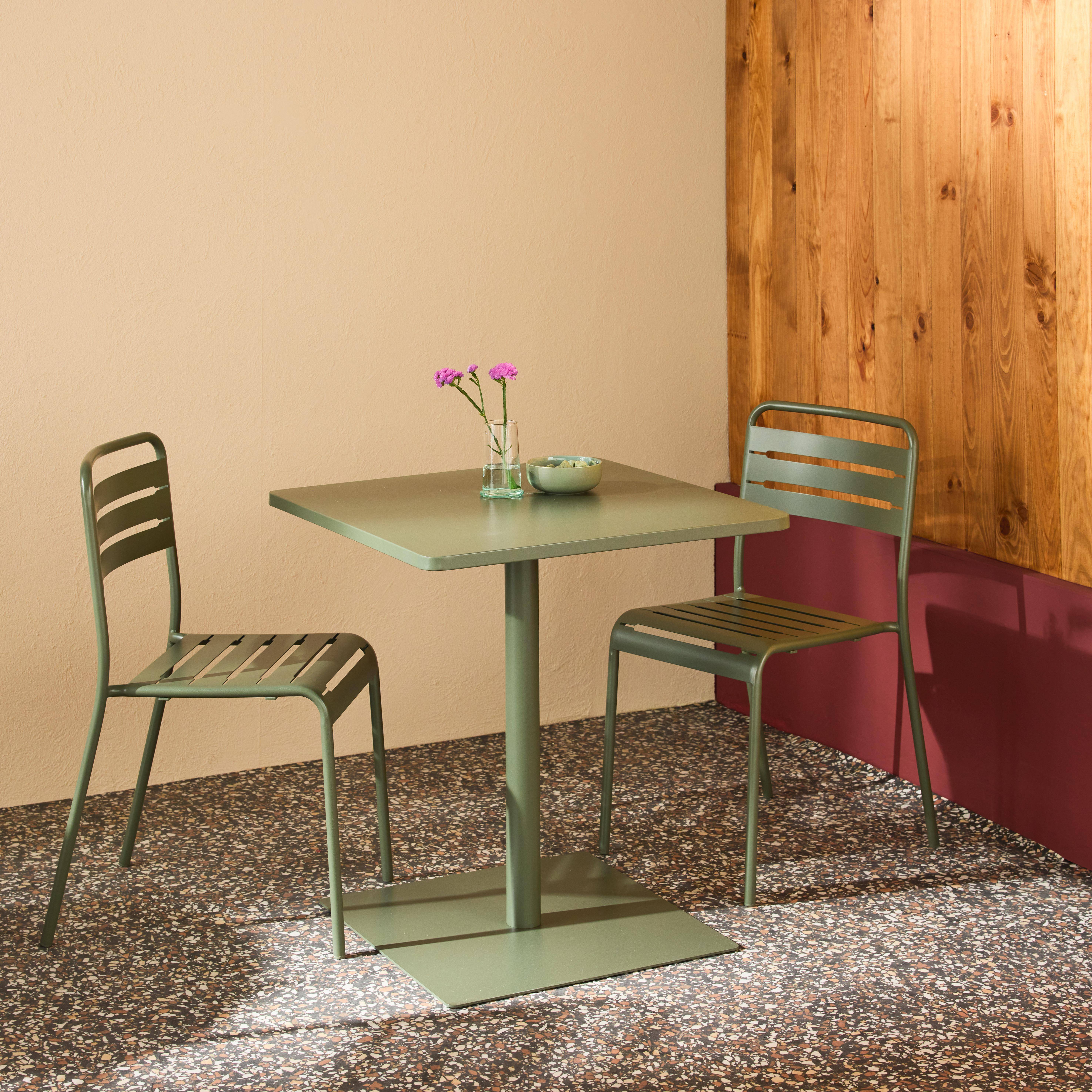 Mesa de jardín bistró cuadrada de acero con 2 sillas Verde kaki - 70x70x73 cm,sweeek,Photo2