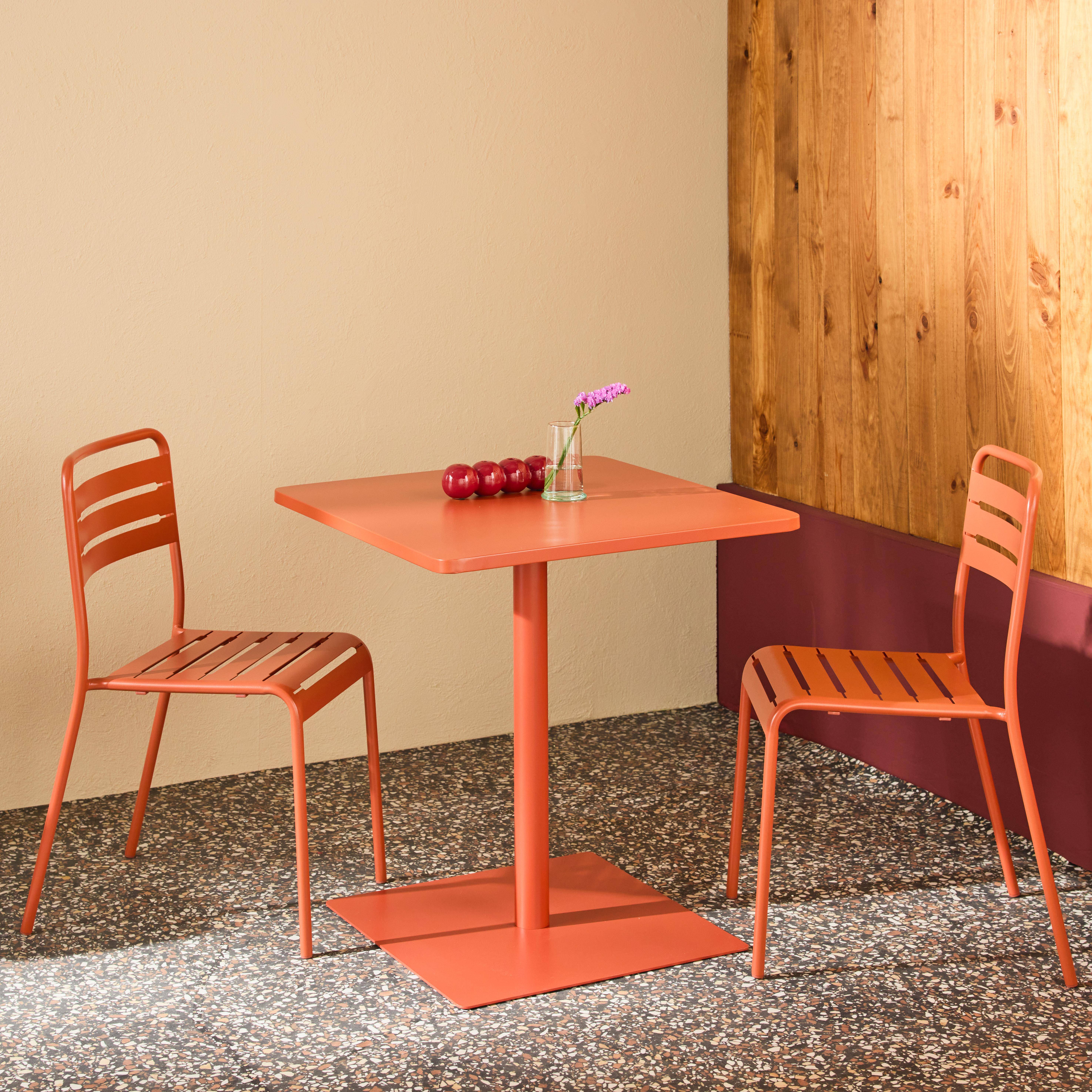 Mesa de jardín bistró cuadrada de acero con 2 sillas Terracota - 70x70x73 cm Photo2