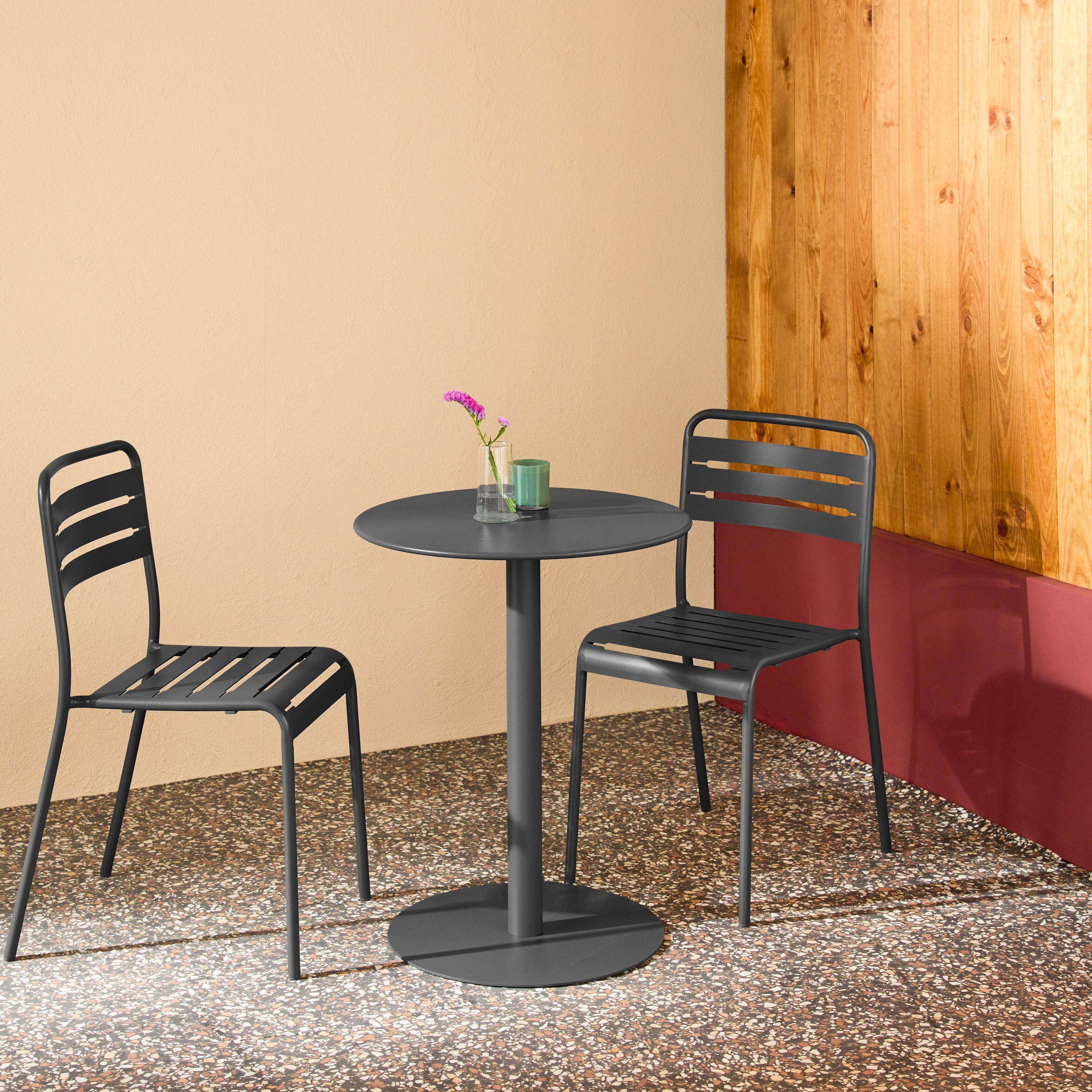 Round steel bistro garden table Ø60cm + 2 chairs, anthracite - Orea + Amelia,sweeek,Photo2