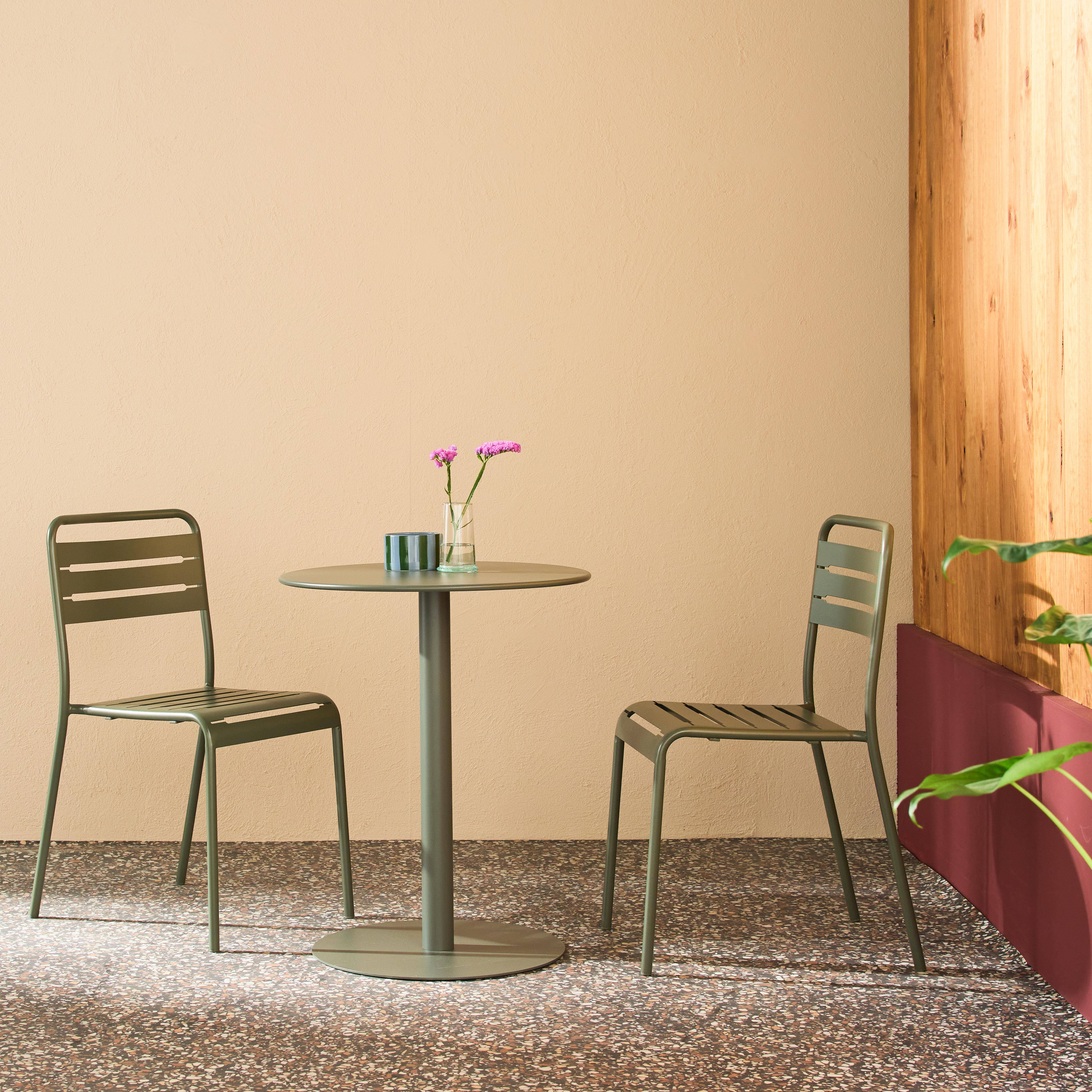 Round steel bistro garden table Ø60cm + 2 chairs, khaki green - Orea + Amelia Photo1