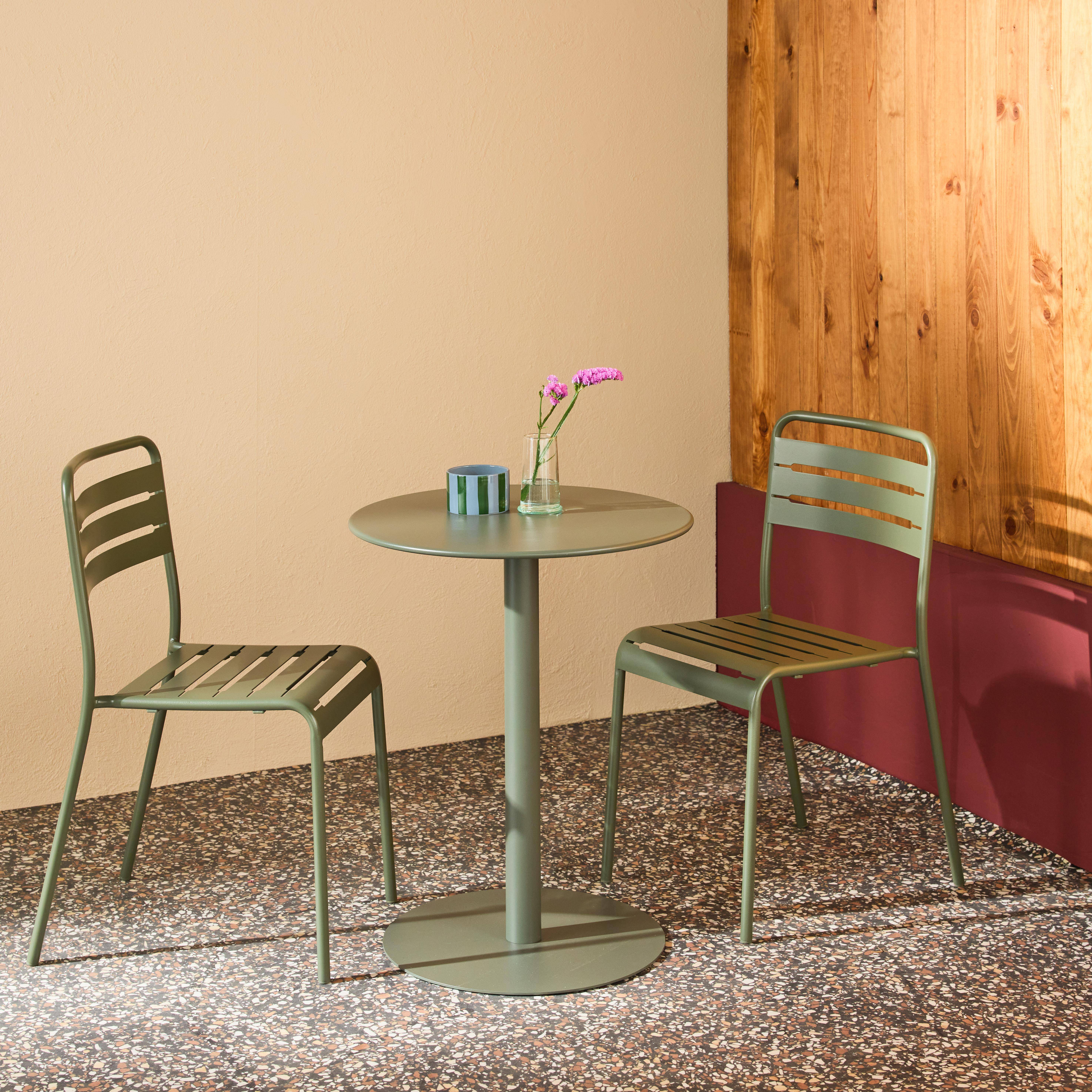 Round steel bistro garden table Ø60cm + 2 chairs, khaki green - Orea + Amelia,sweeek,Photo2