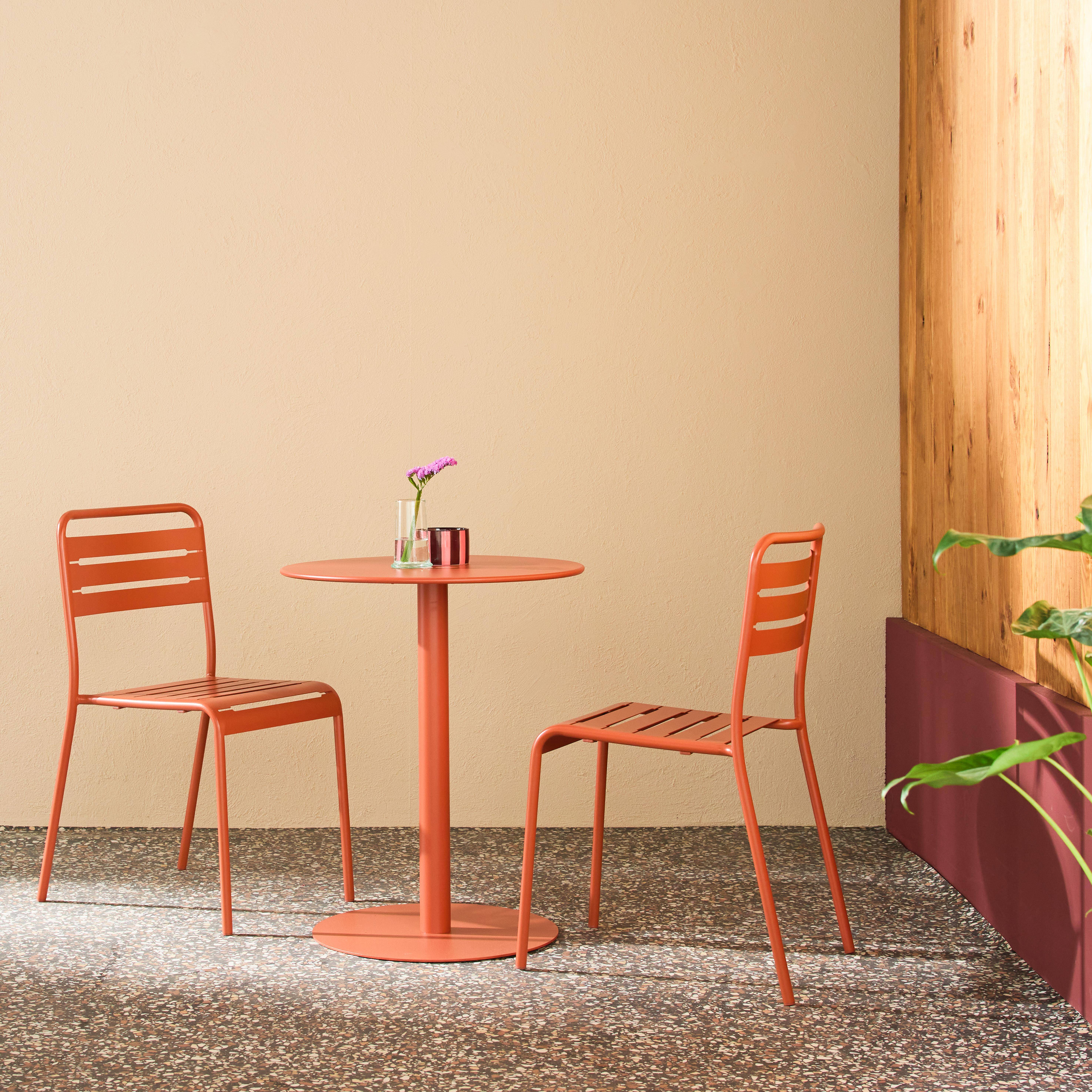 Round steel bistro garden table Ø60cm + 2 chairs, terracotta - Orea + Amelia,sweeek,Photo1