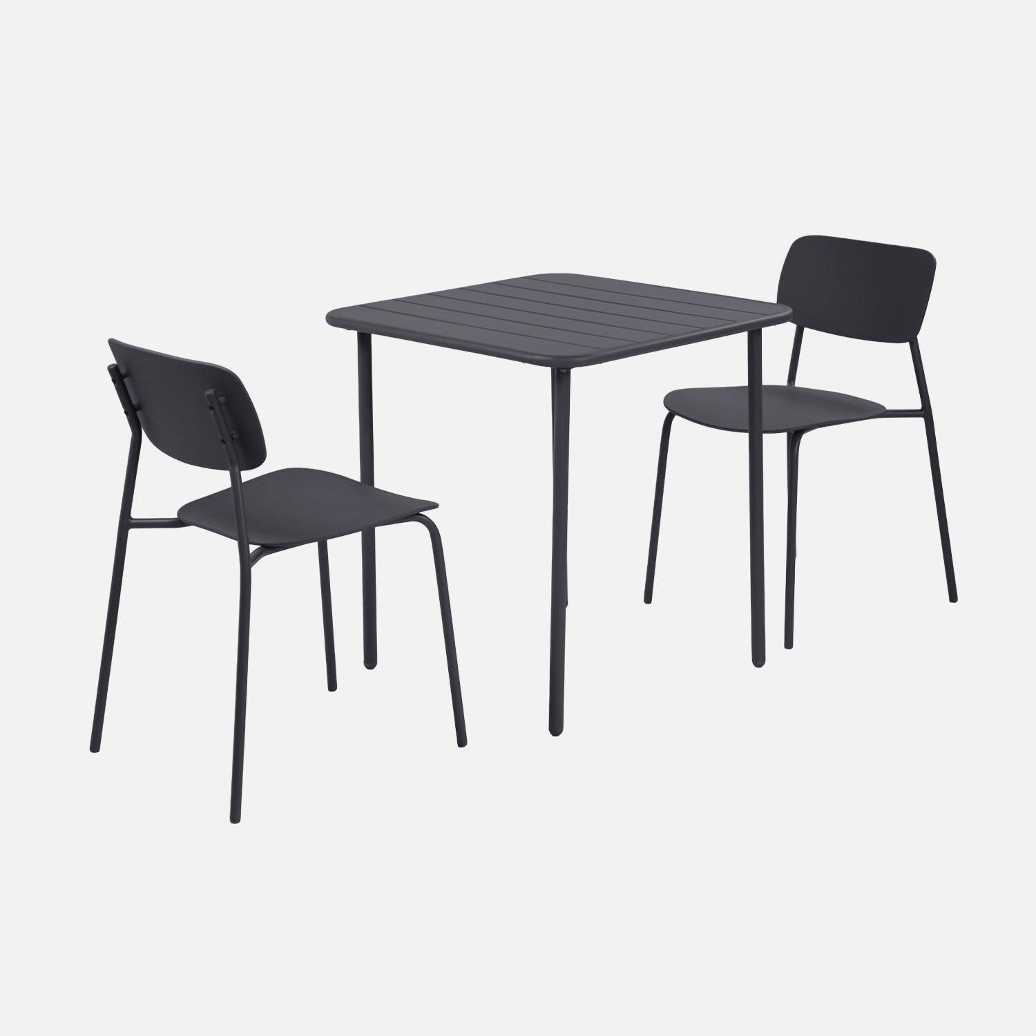 Set Table Jardin Amélia 2 Places + 2 Chaises - Métal Anthracite Anti-rouille - Chaises Empilables