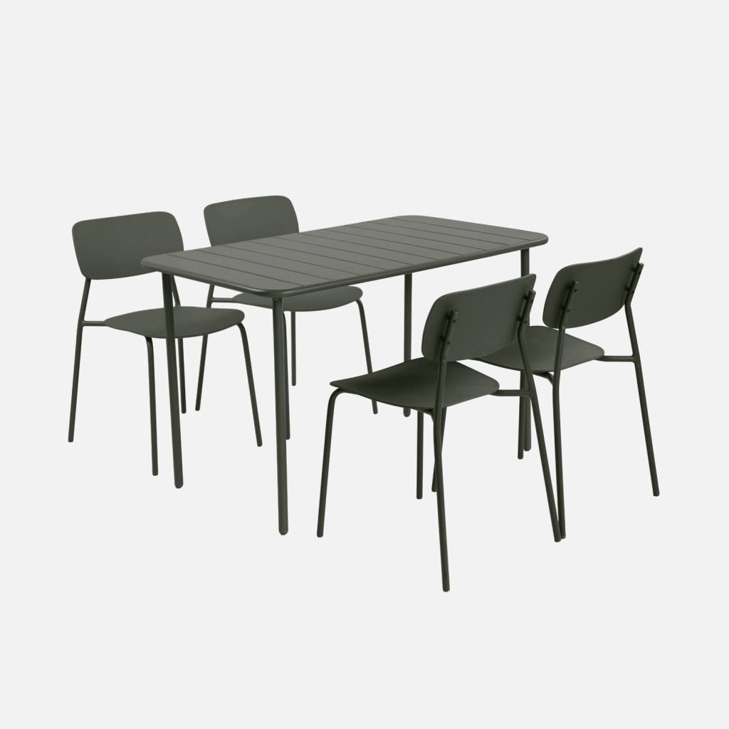 Table de jardin métal + 4 assises kaki 120 cm