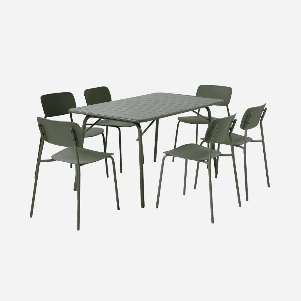 Table de jardin pliante métal + 6 assises kaki 140cm