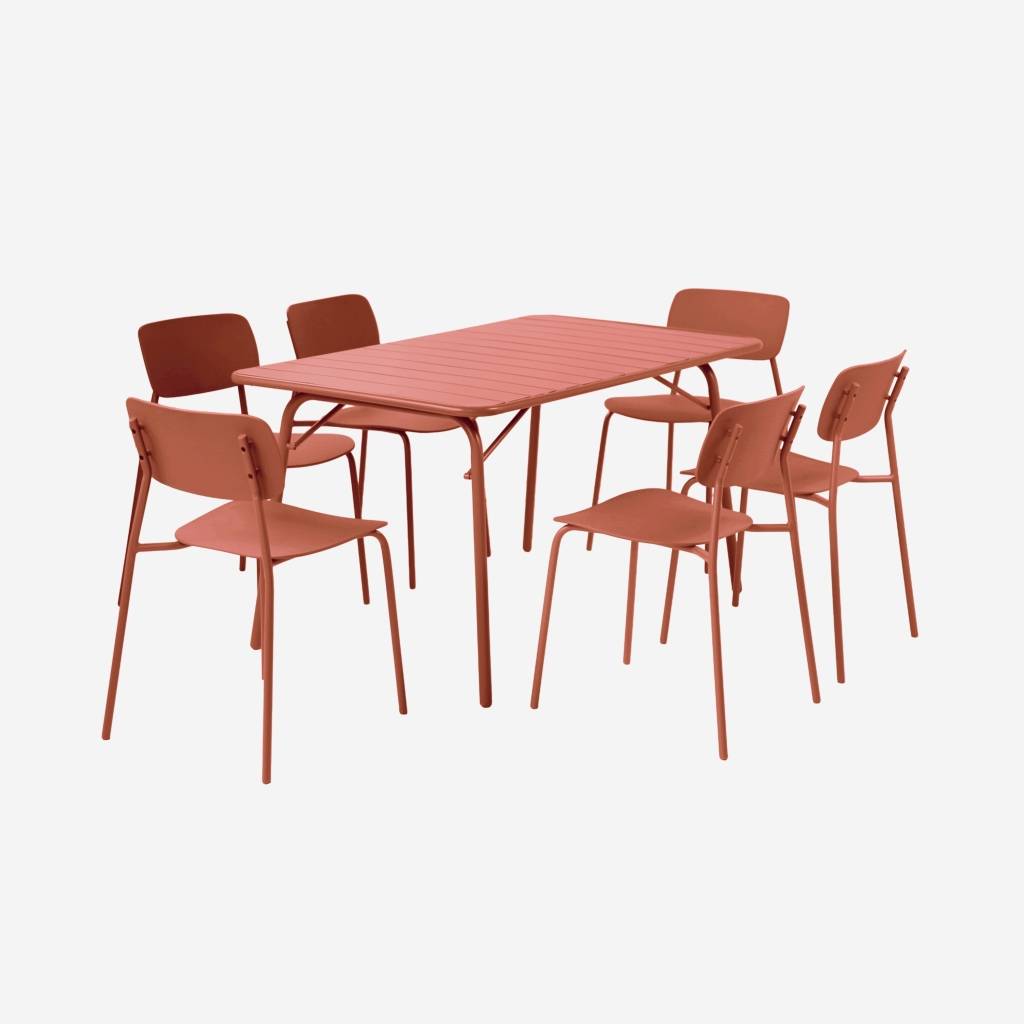 Table de jardin pliante métal + 6 assises terracotta 140cm