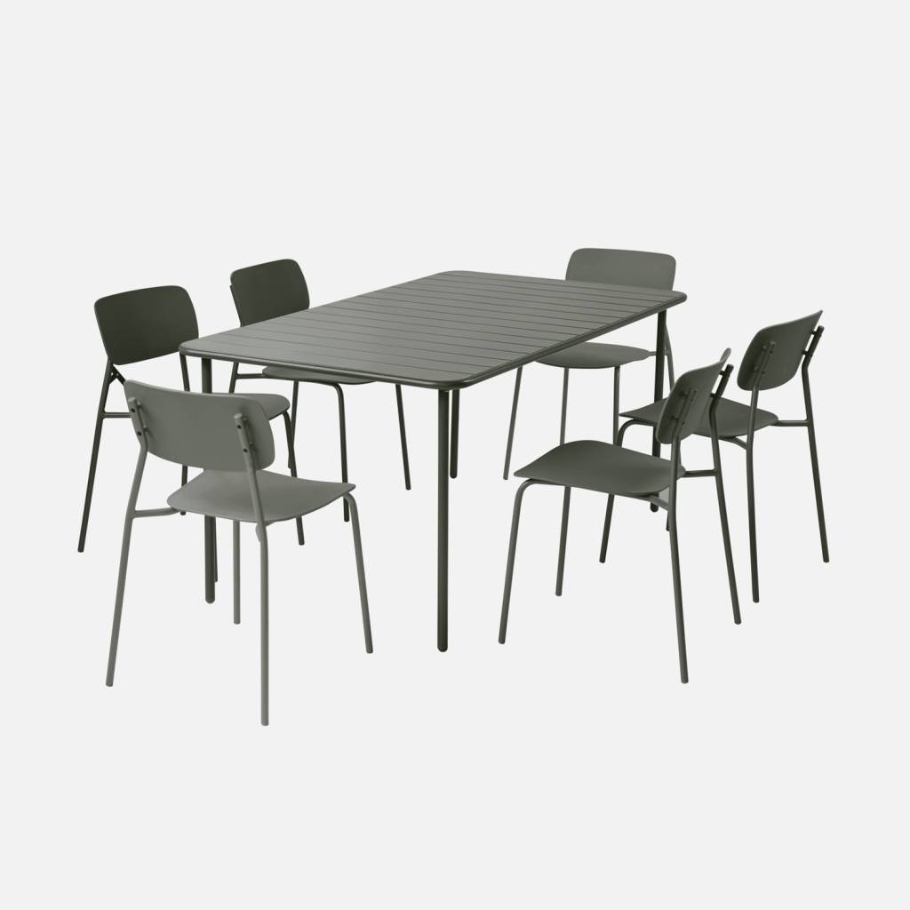 Mesa de jardim em metal + 6 assentos, Verde caqui