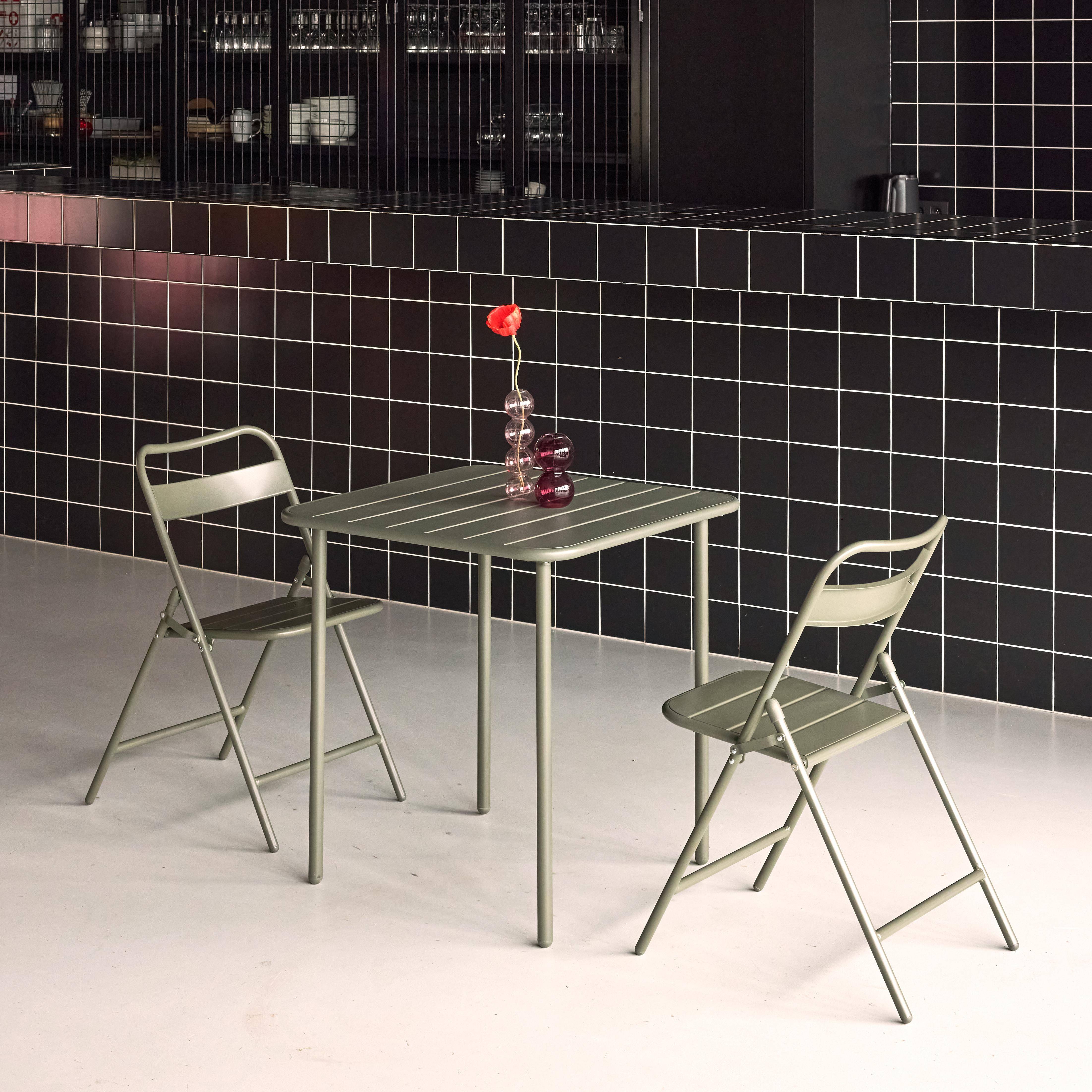 Table de jardin métal + 2 assises kaki, Amelia 70 x 70 cm Photo1