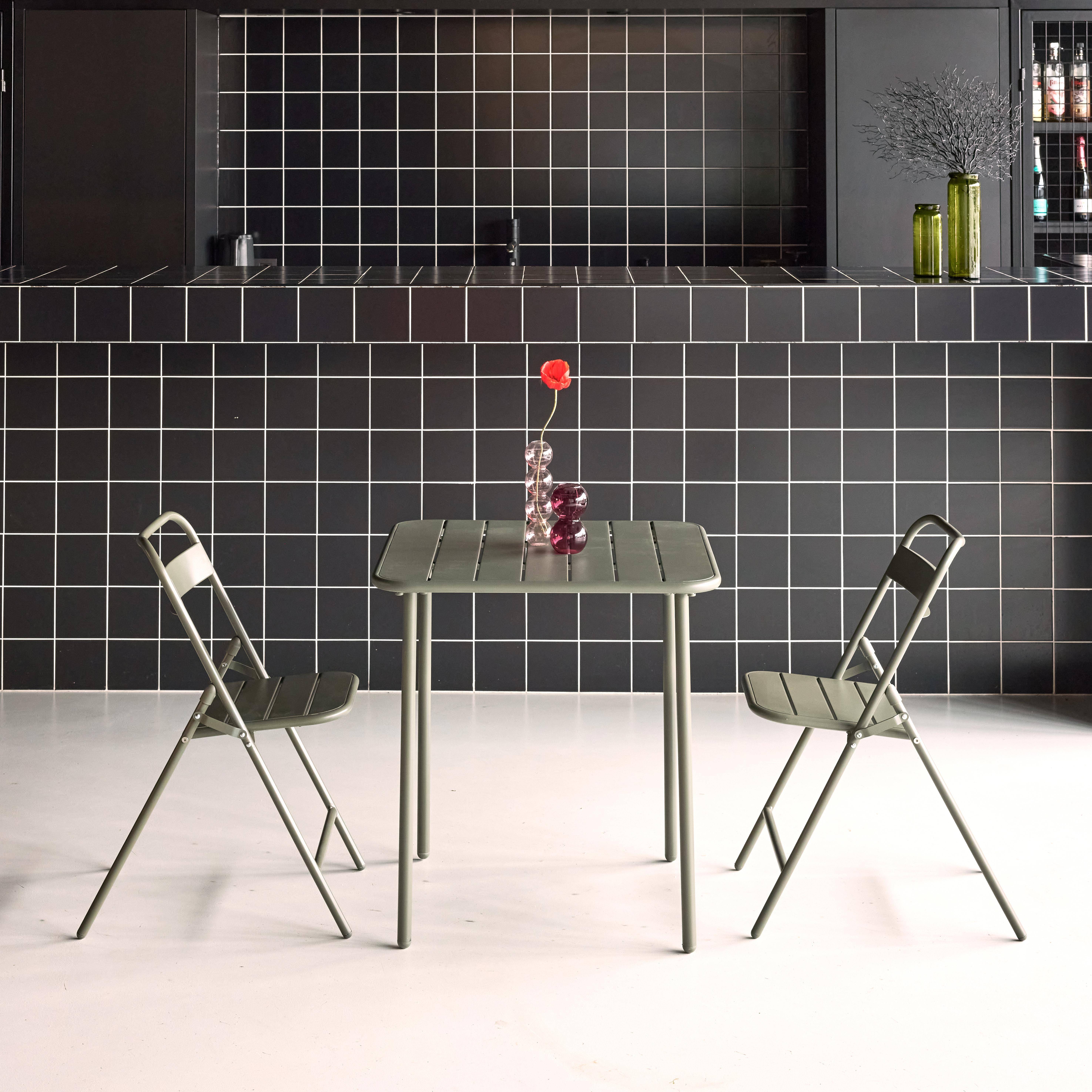 Table de jardin métal + 2 assises kaki, Amelia 70 x 70 cm,sweeek,Photo2