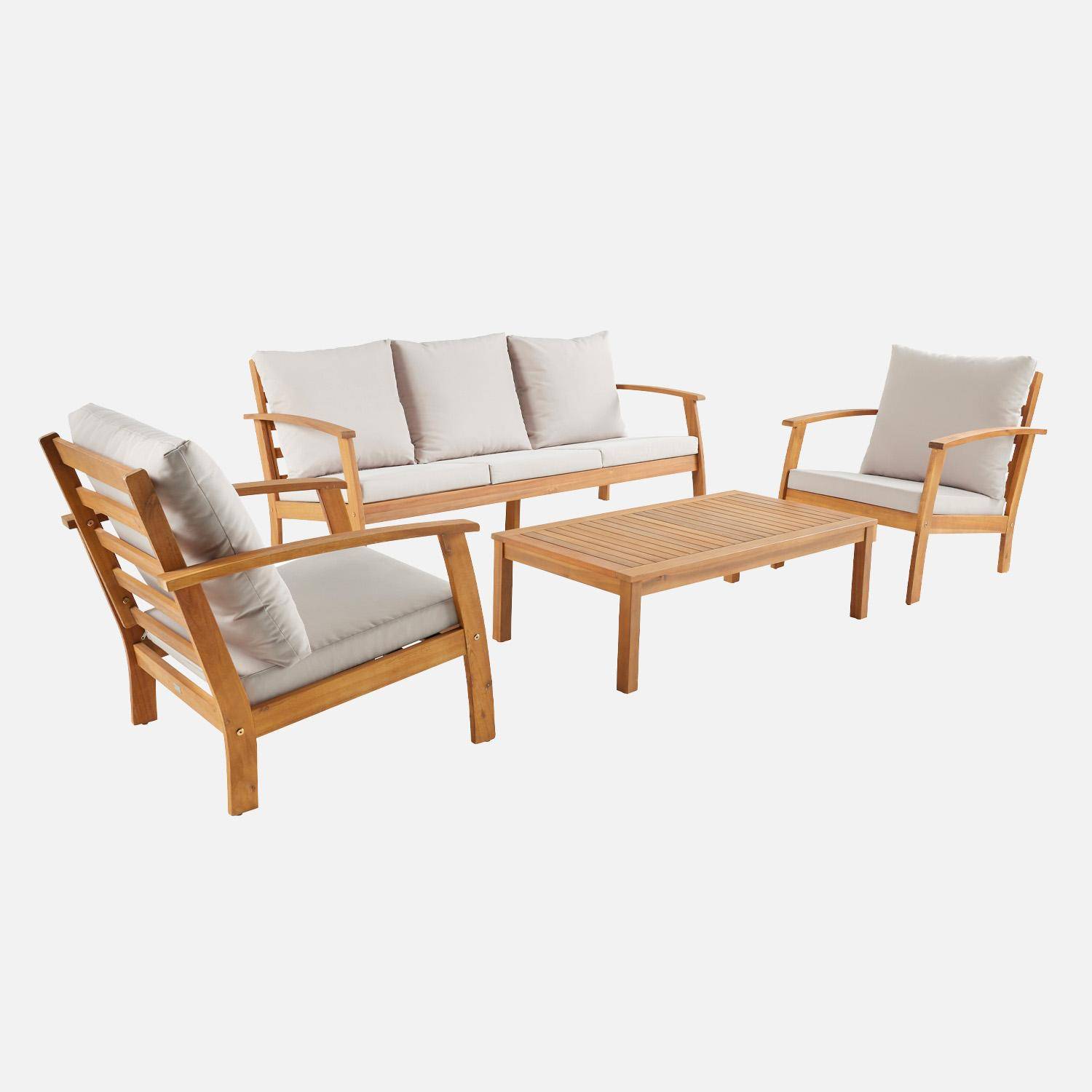 USHUAIA 5-seater garden lounge set in acacia wood, ecru, sofa, table and two armchairs. Photo4