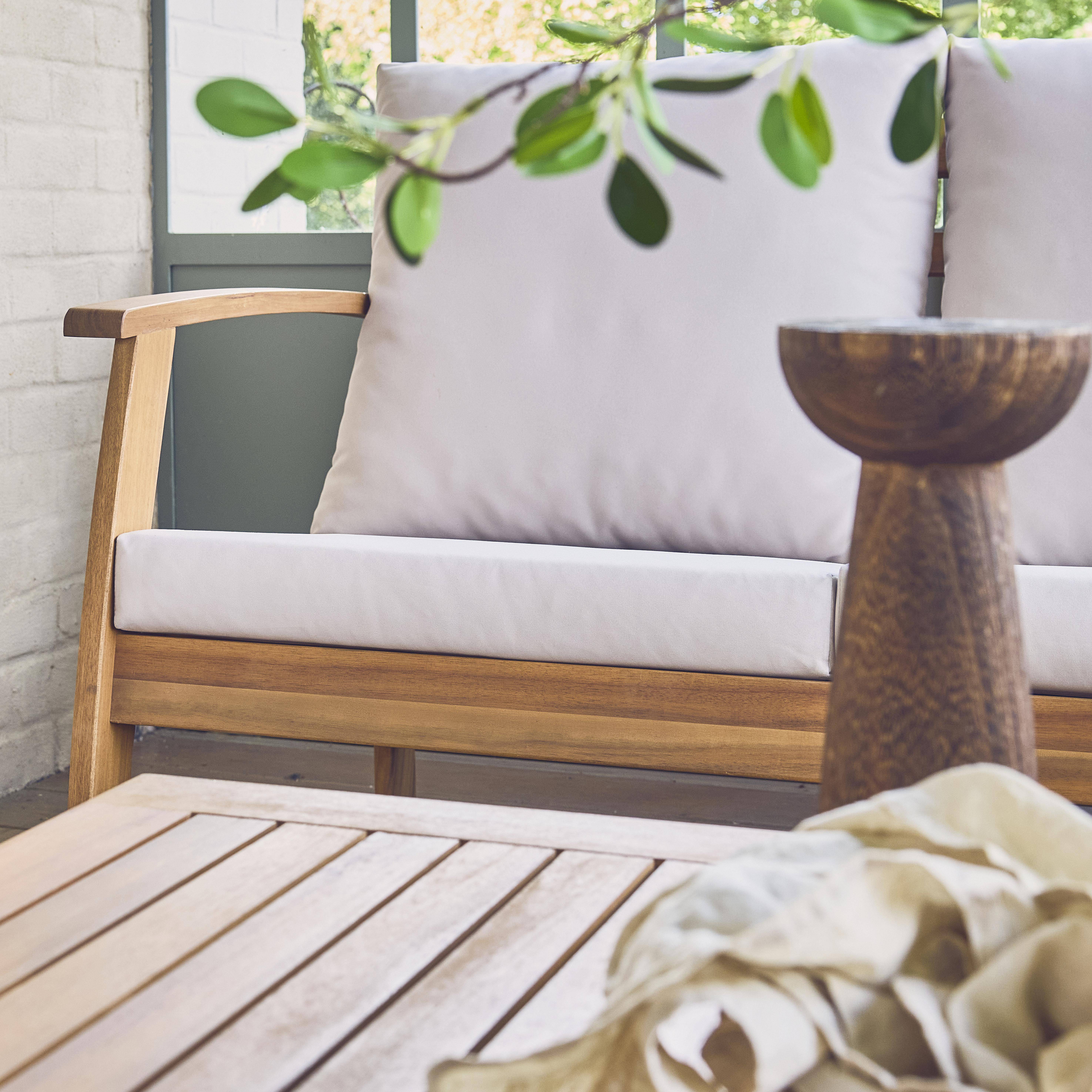 USHUAIA 5-seater garden lounge set in acacia wood, ecru, sofa, table and two armchairs.,sweeek,Photo2