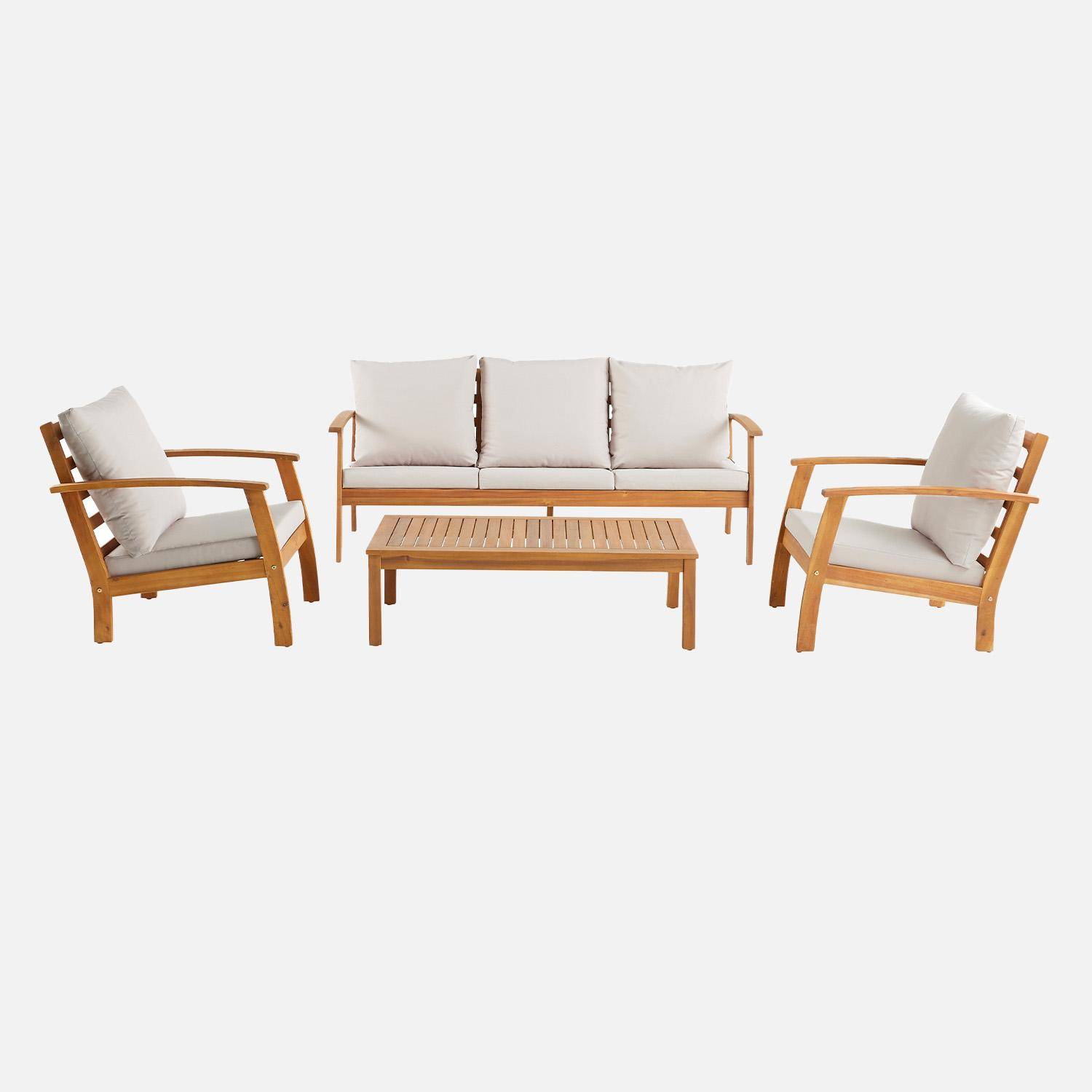 USHUAIA 5-seater garden lounge set in acacia wood, ecru, sofa, table and two armchairs.,sweeek,Photo5