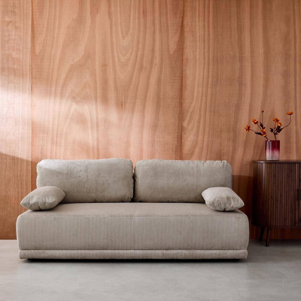 Banquette convertible 3 places velours côtelé taupe avec coffre de rangement - L 192 x P 100 x H 81cm -Nelson Photo1