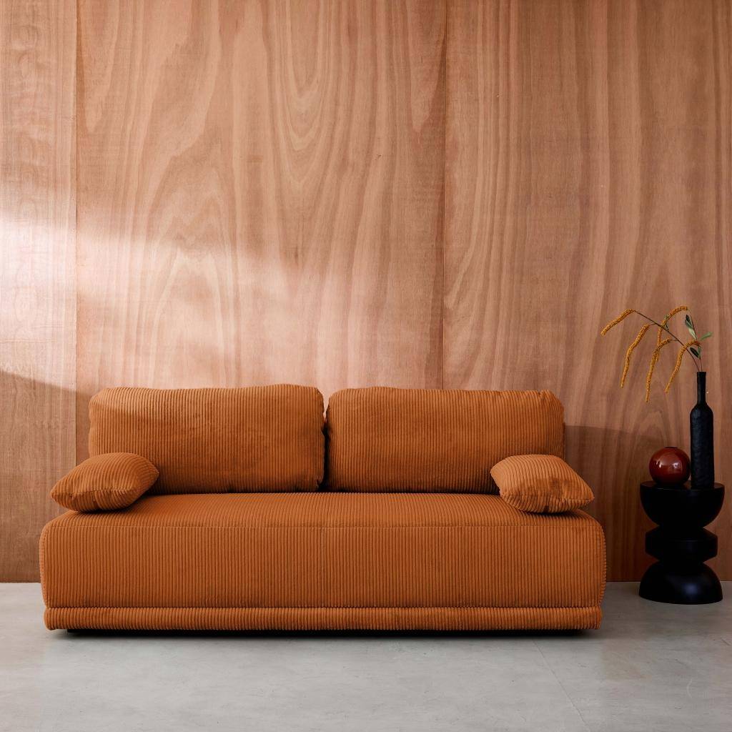 Banquette convertible 3 places velours côtelé camel avec coffre de rangement - L 192 x P 100 x H 81cm -Nelson,sweeek,Photo1