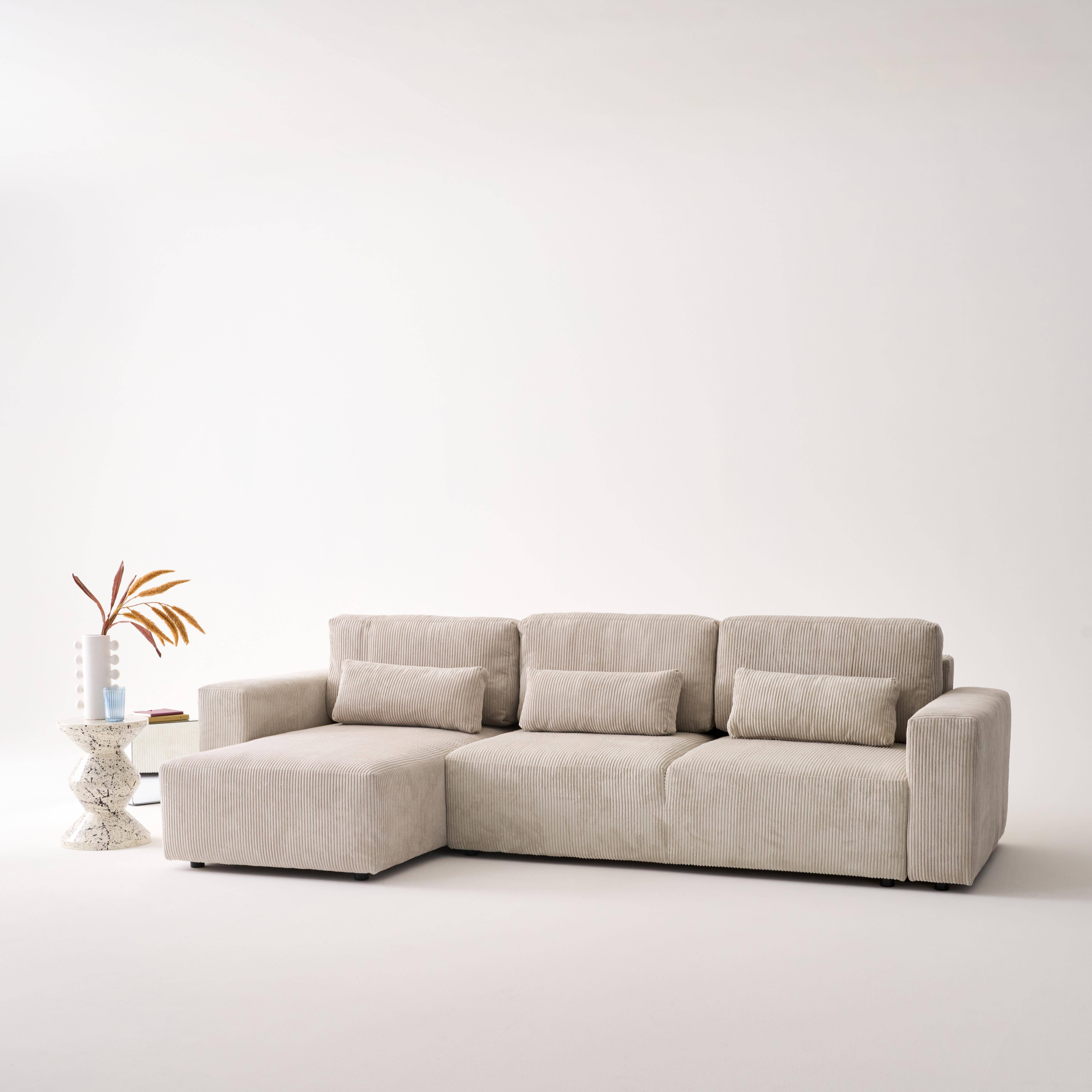 Canapé d'angle convertible réversible 5 places velours côtelé greige avec coffre de rangement - Theo,sweeek,Photo2