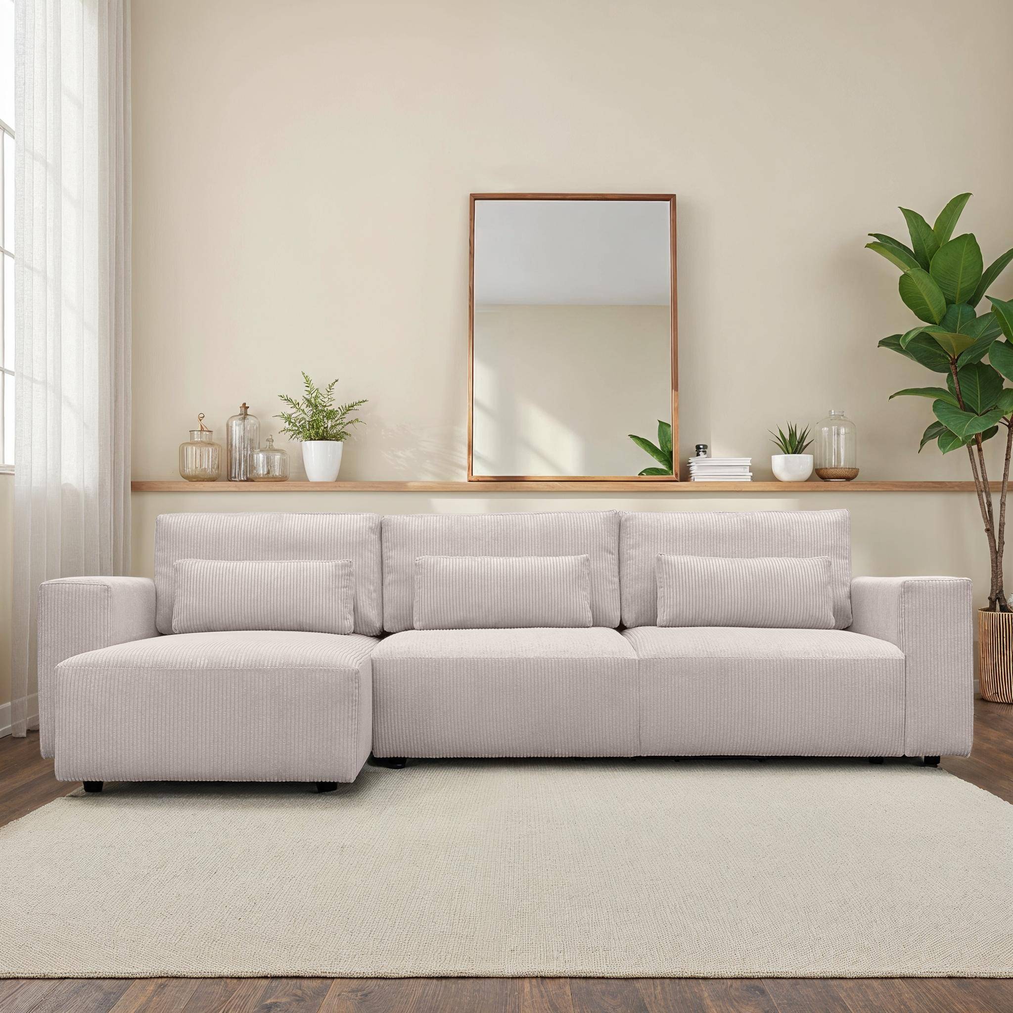 Sofá esquinero convertible reversible de  pana fina, 5 plazas , Theo, Gris beige, 298x155x85 cm Photo1