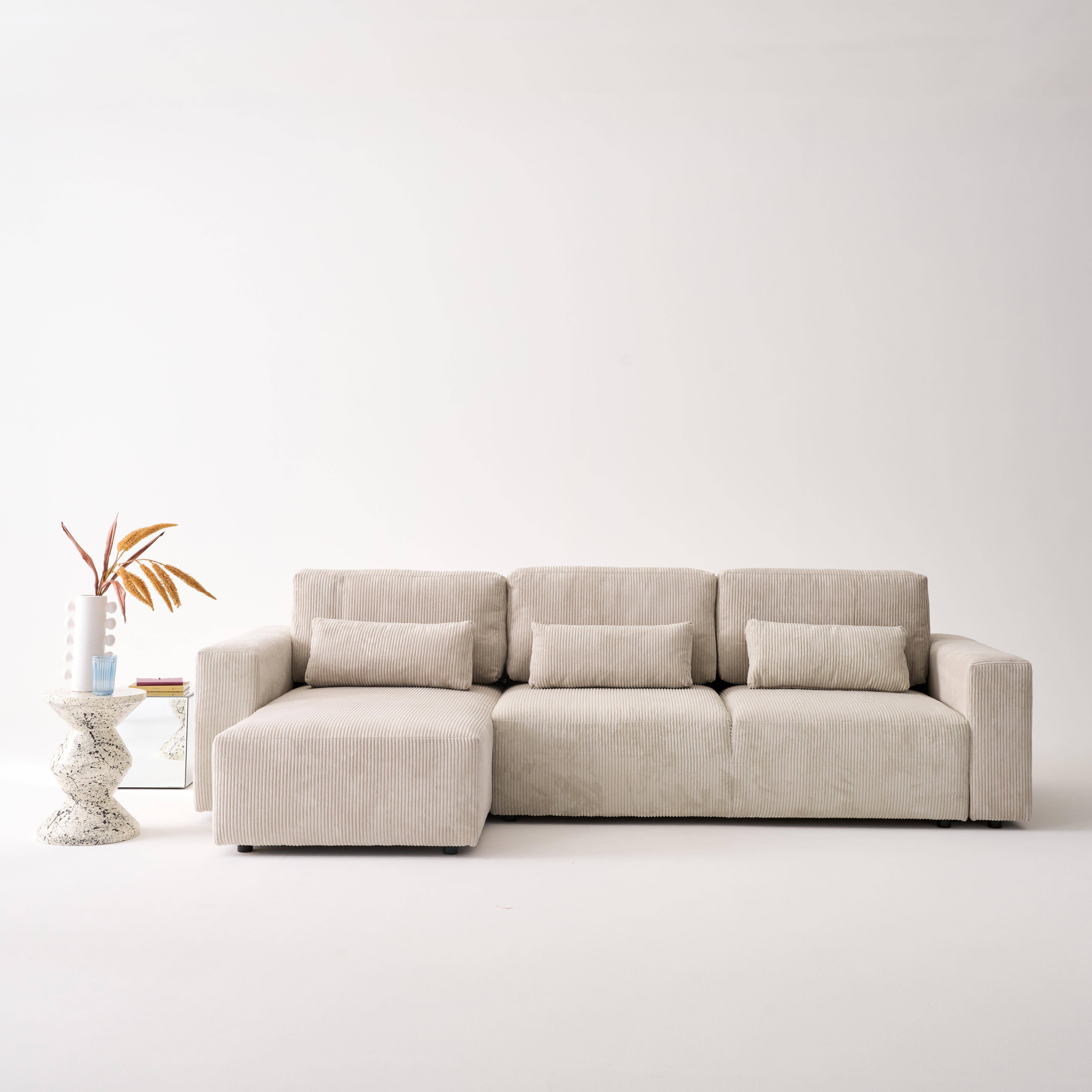 Canapé d'angle convertible réversible 5 places velours côtelé greige avec coffre de rangement - Theo Photo1