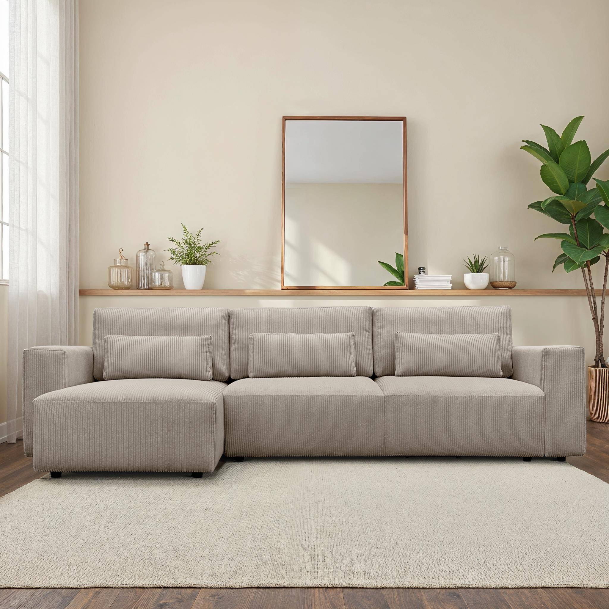 Sofá esquinero convertible reversible de  pana fina, 5 plazas , Theo, Pardo, 298x155x85 cm Photo1