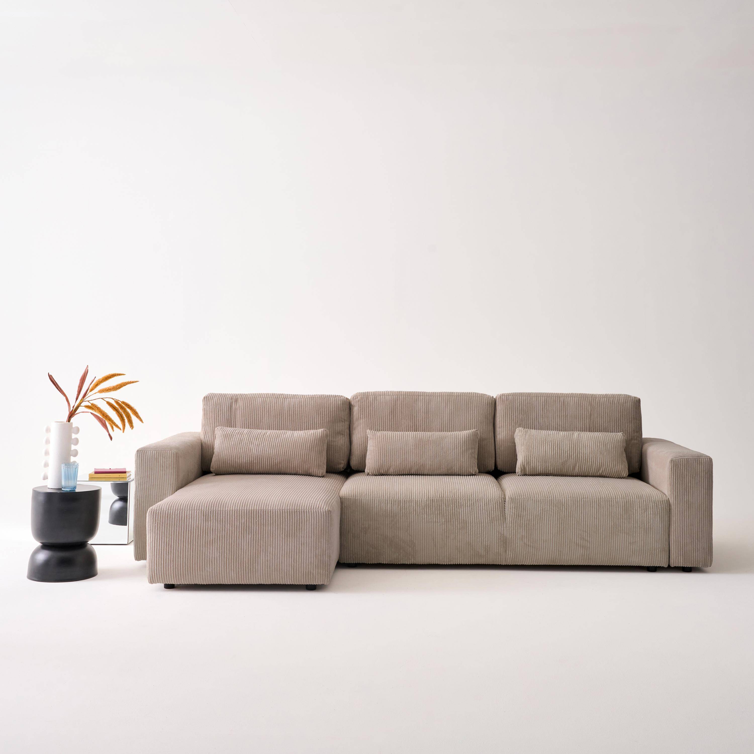 Canapé d'angle convertible réversible 5 places velours côtelé taupe avec coffre de rangement - Theo,sweeek,Photo1