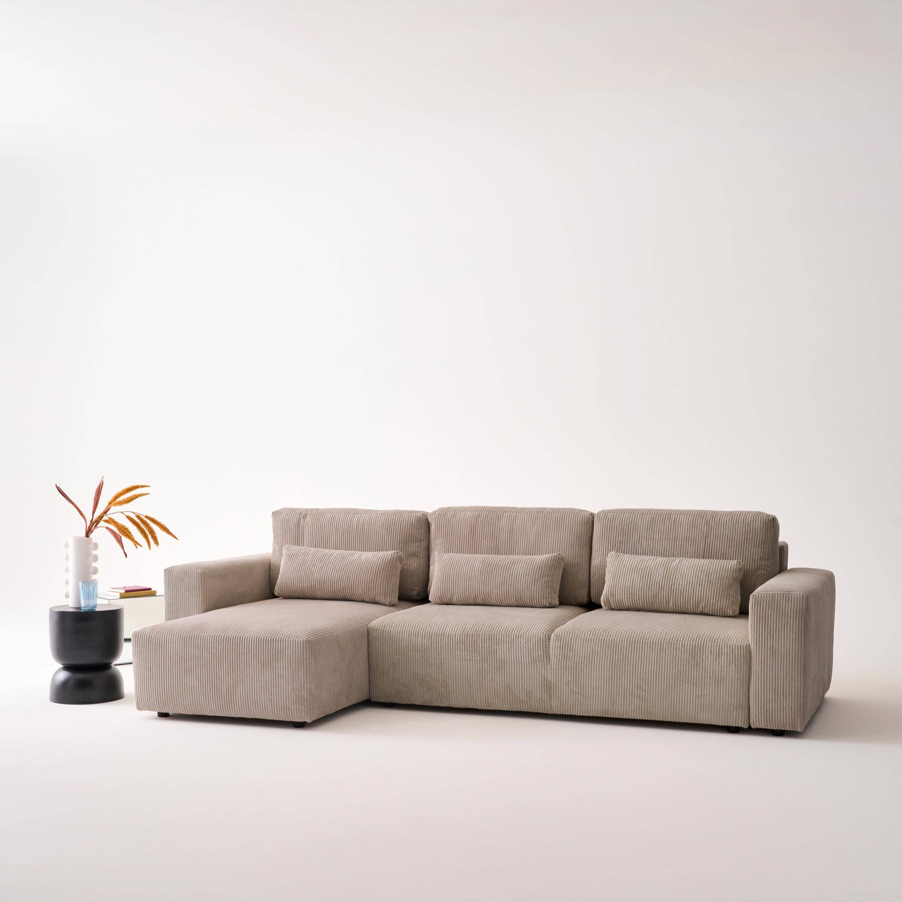 Canapé d'angle convertible réversible 5 places velours côtelé taupe avec coffre de rangement - Theo Photo2