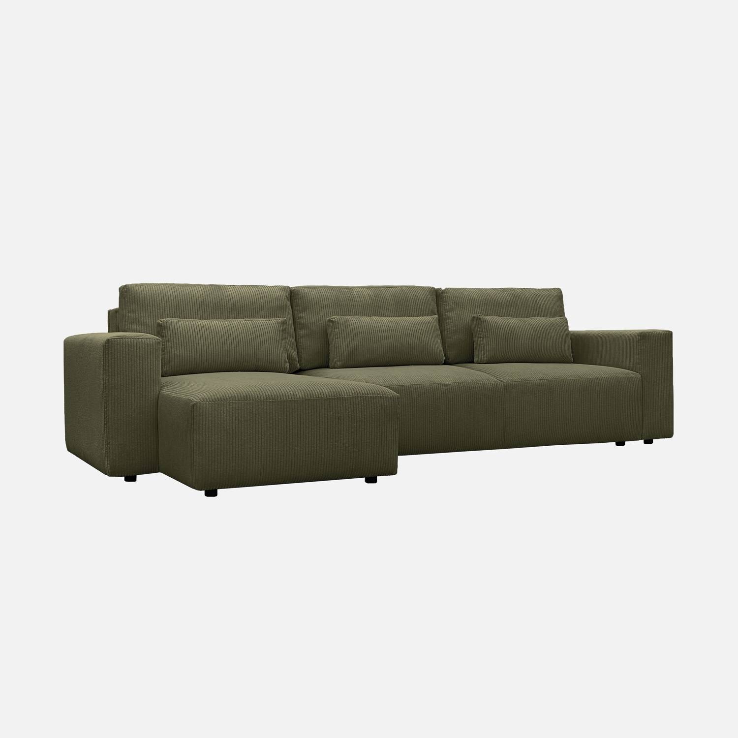 Canapé d'angle convertible réversible 5 places velours côtelé kaki