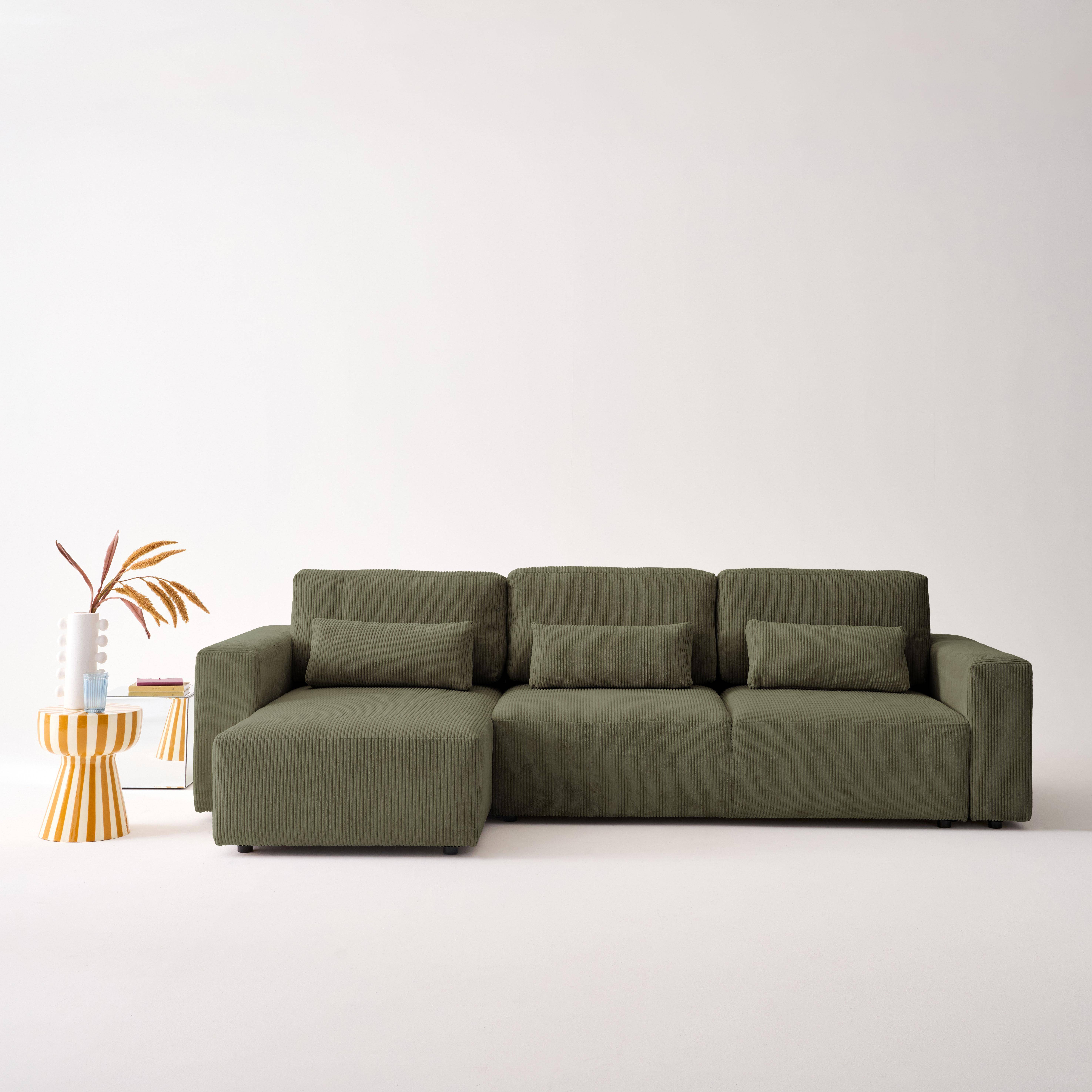 5-Sitzer Ecksofa mit Schlaffunktion und Cordbezug in khaki, Recamiere beidseitig montierbar - Theo,sweeek,Photo1