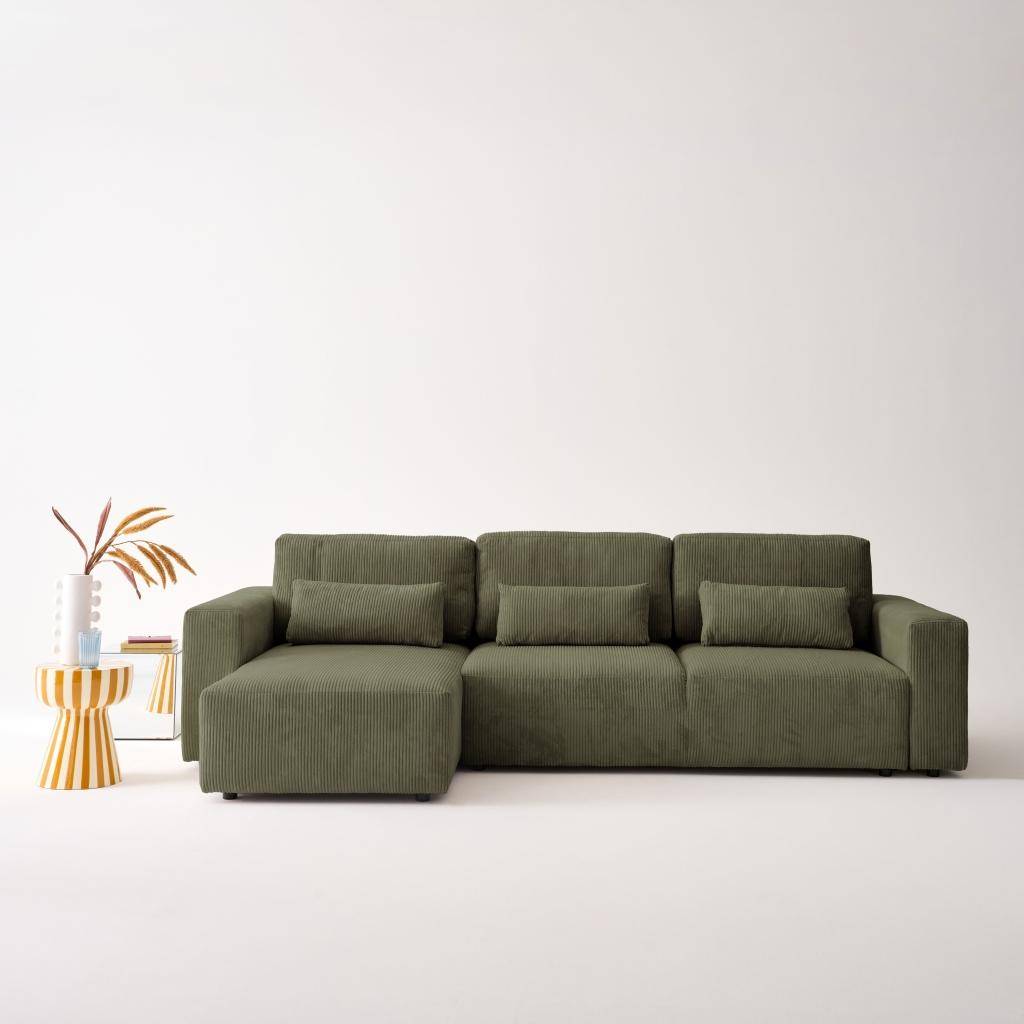 Sofá cama esquinero de pana fina, 5 plazas  Verde kaki - 298x155x85 cm Photo1