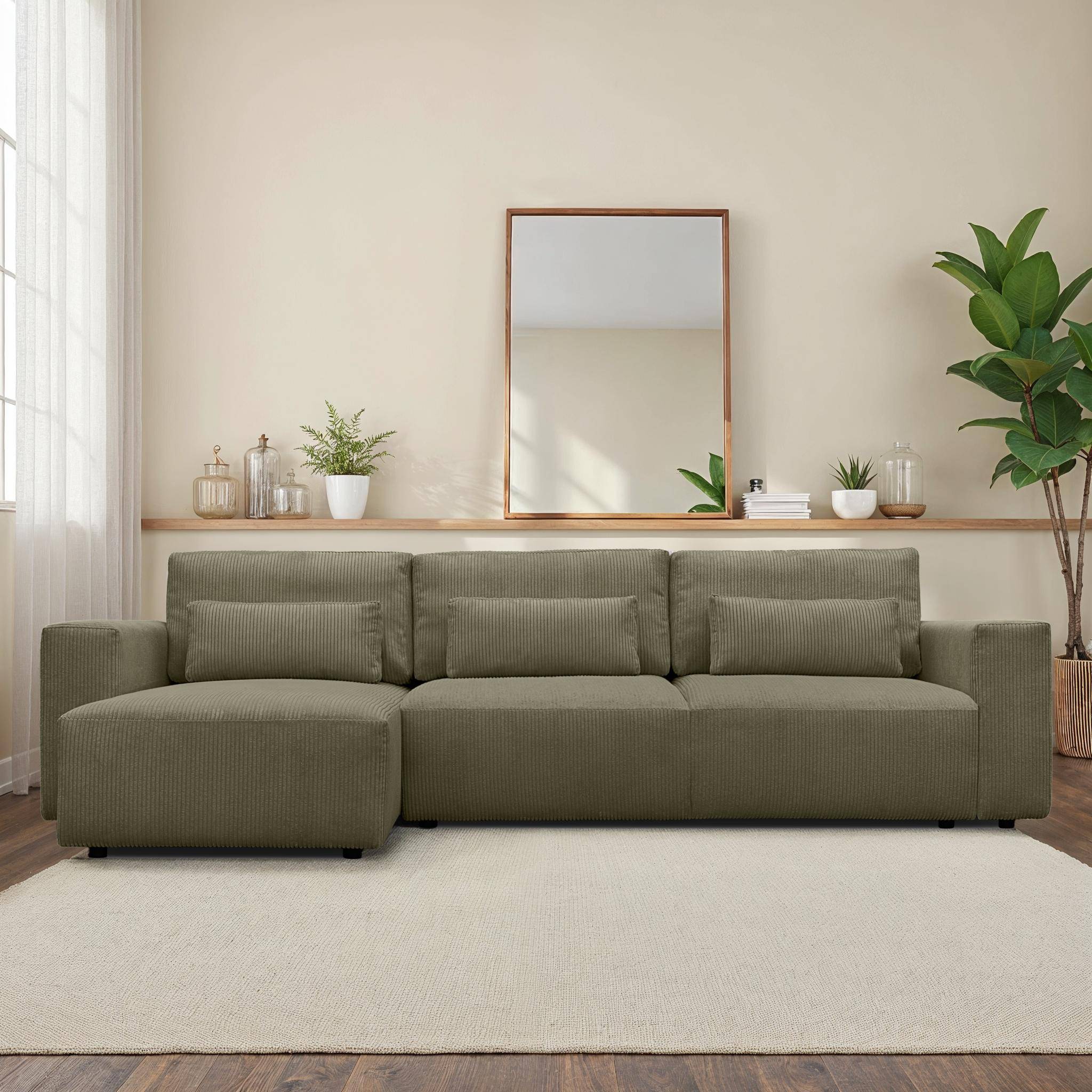 Sofá esquinero convertible reversible de  pana fina, 5 plazas , Theo, Verde kaki, 298x155x85 cm Photo1