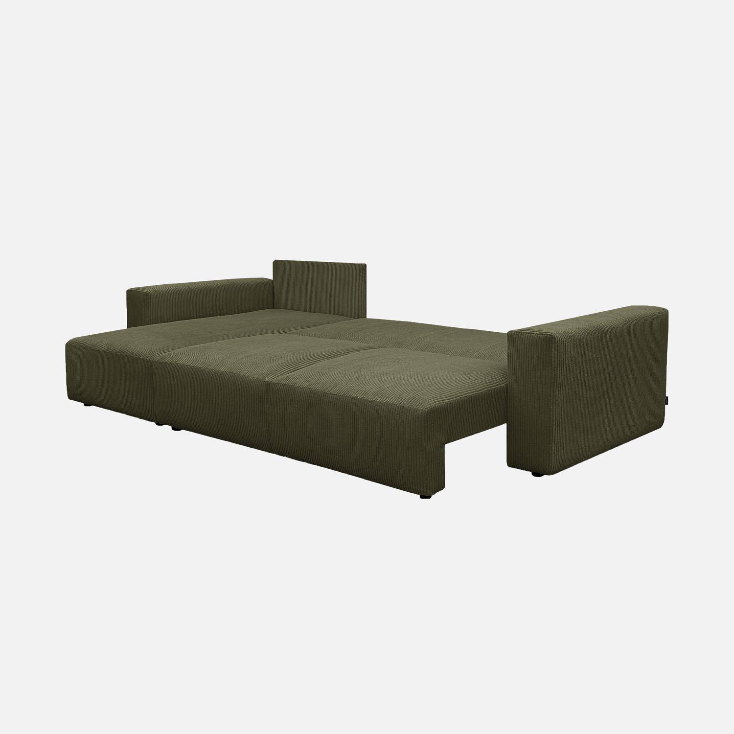 Canapé d'angle convertible réversible 5 places velours côtelé kaki avec coffre de rangement - Theo Photo3