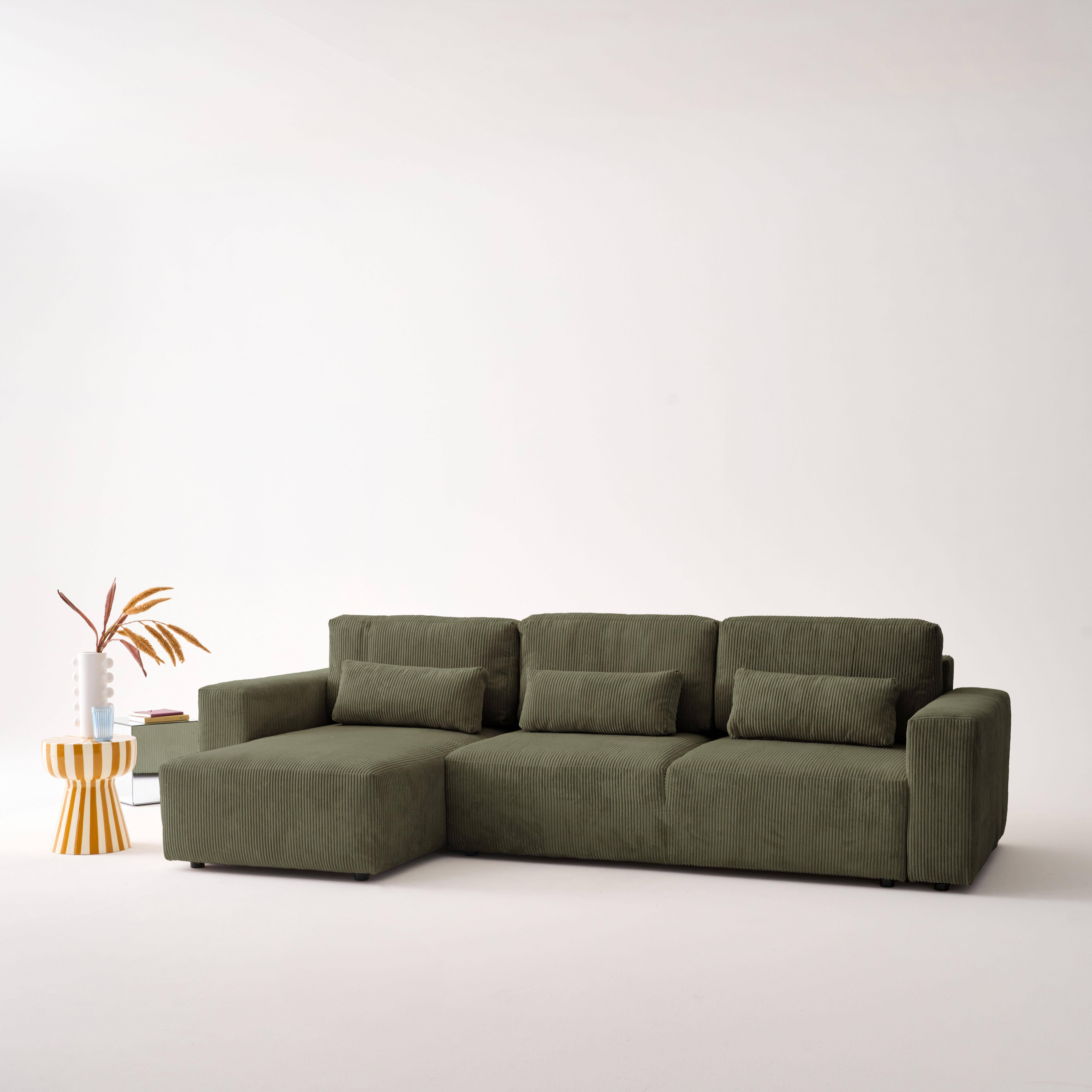 5-Sitzer Ecksofa mit Schlaffunktion und Cordbezug in khaki, Recamiere beidseitig montierbar - Theo,sweeek,Photo2
