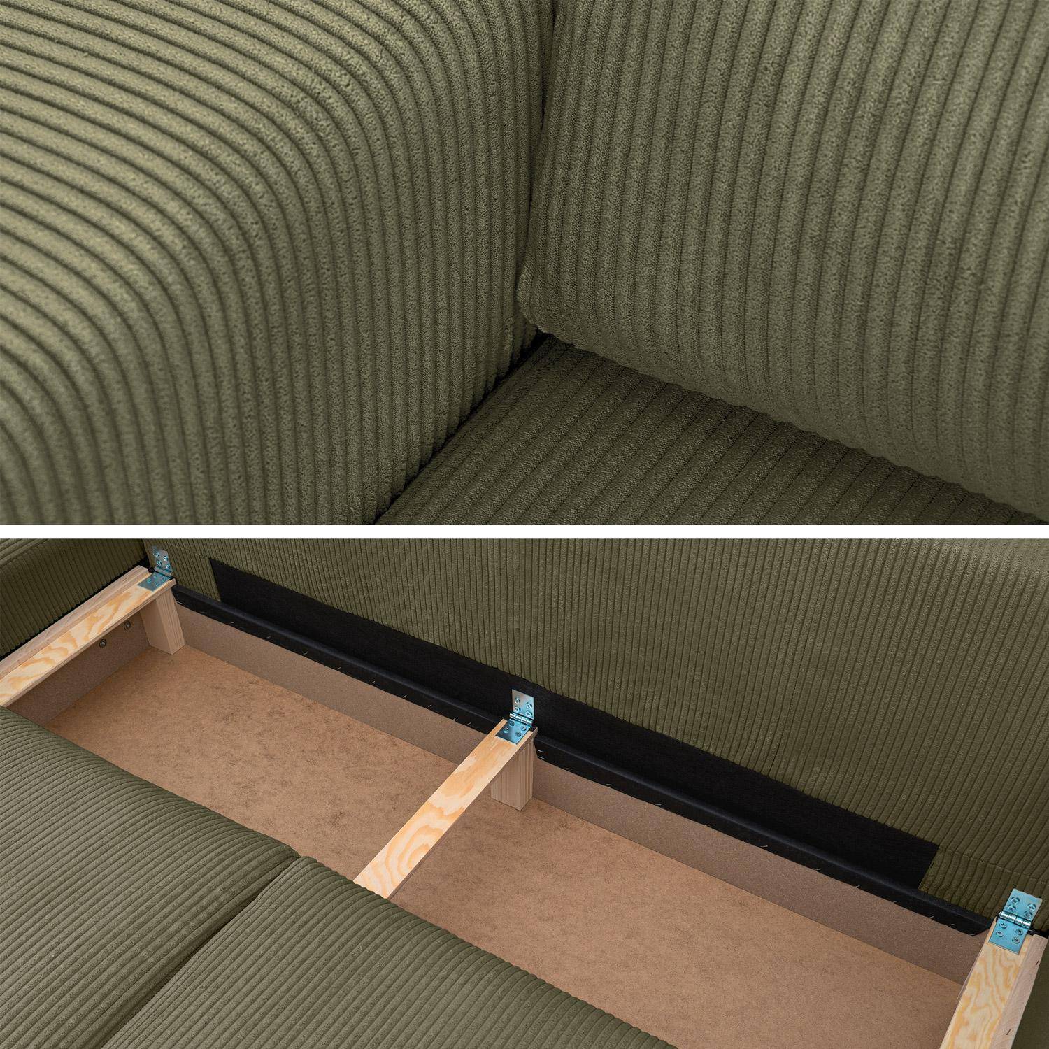 Canapé d'angle convertible réversible 5 places velours côtelé kaki avec coffre de rangement - Theo Photo5