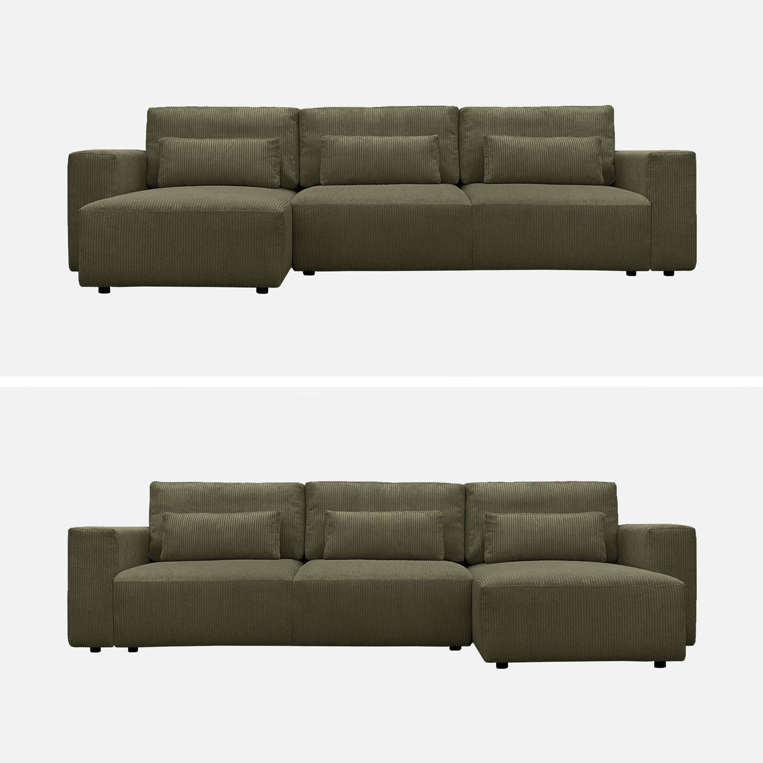 Canapé d'angle convertible réversible 5 places velours côtelé kaki avec coffre de rangement - Theo,sweeek,Photo7