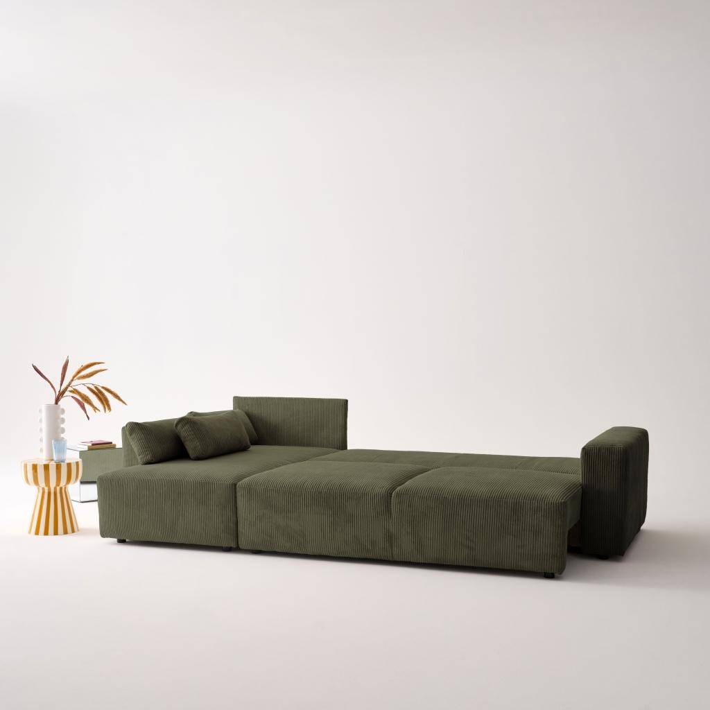 Sofá cama esquinero de pana fina, 5 plazas  Verde kaki - 298x155x85 cm Photo3