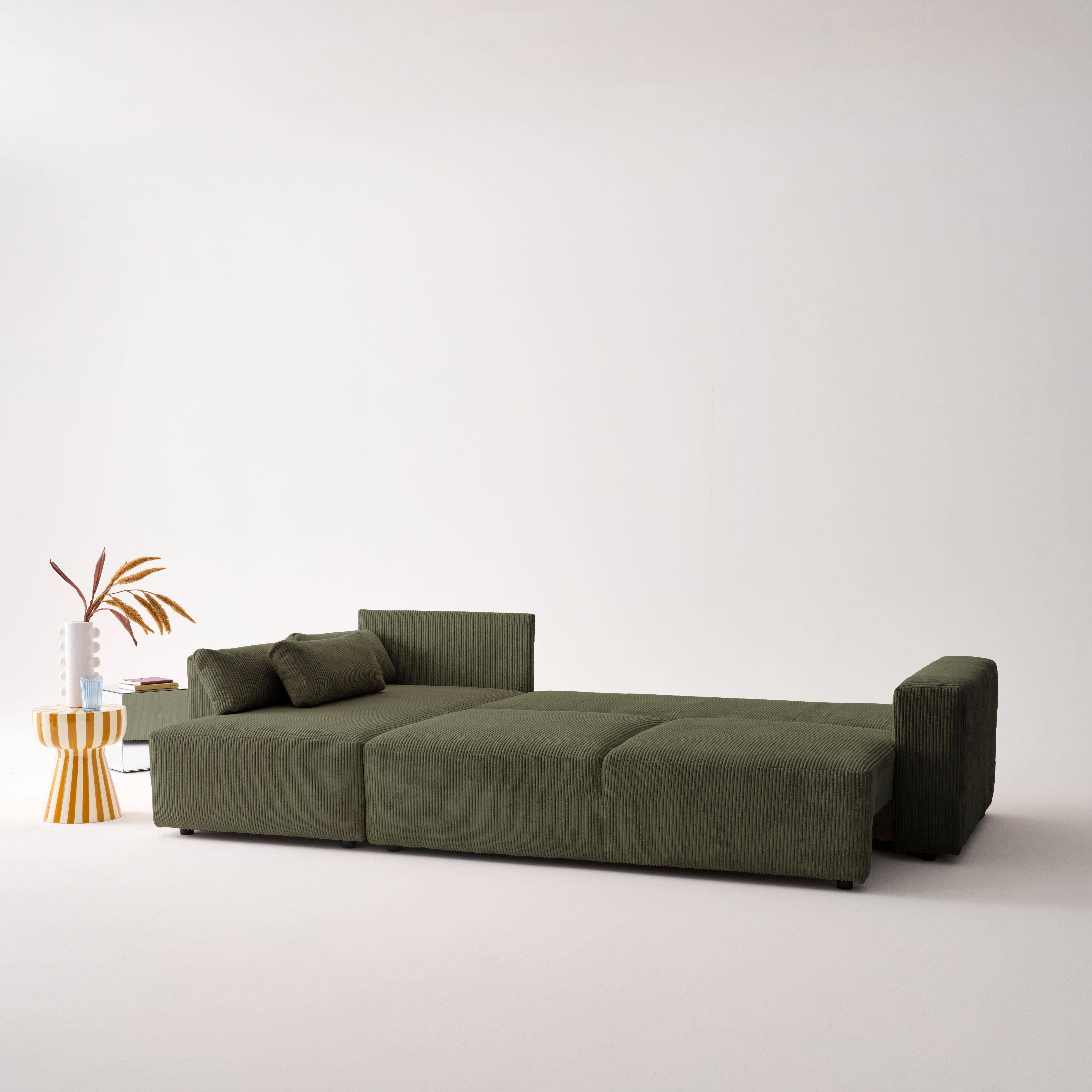 5-Sitzer Ecksofa mit Schlaffunktion und Cordbezug in khaki, Recamiere beidseitig montierbar - Theo,sweeek,Photo3