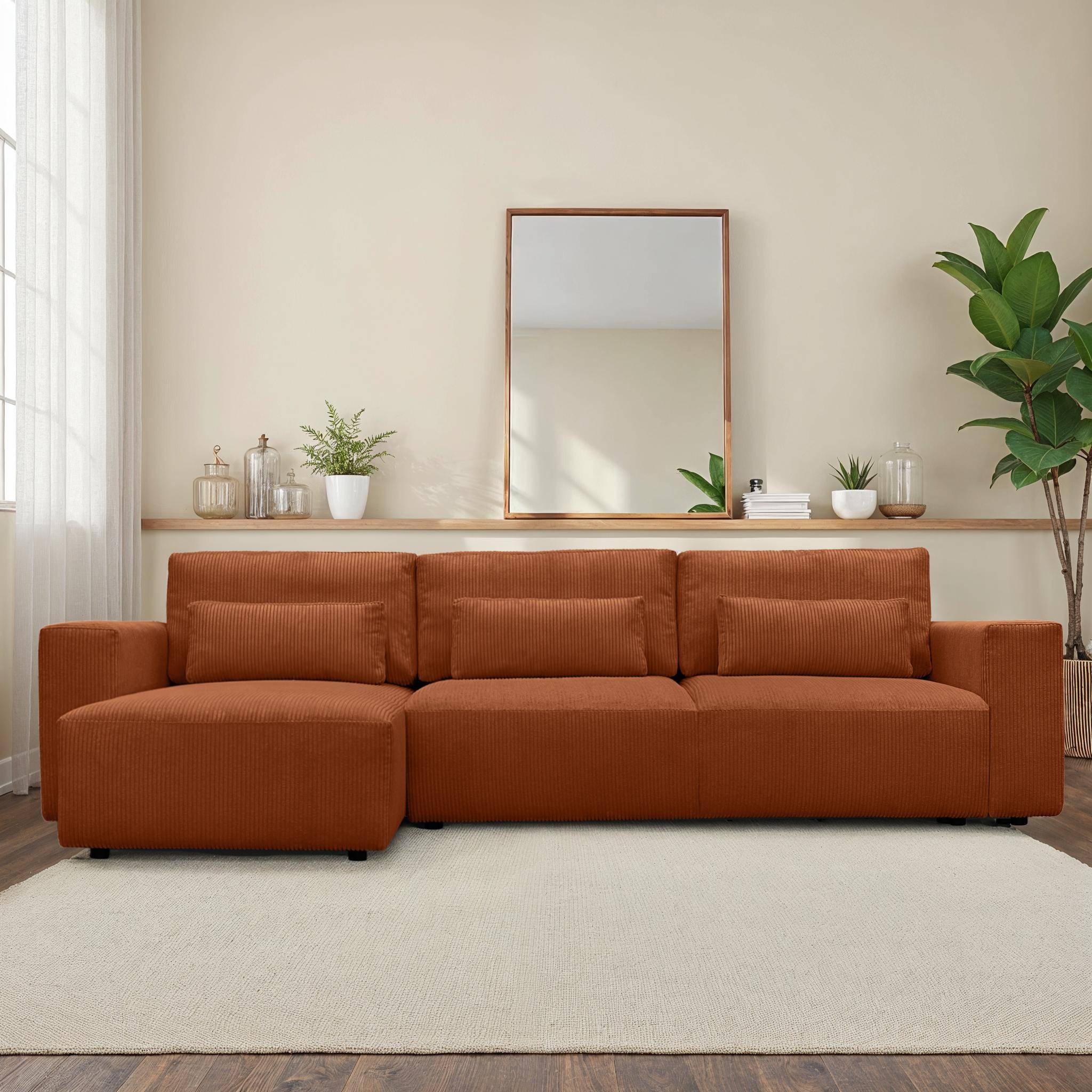 Sofá esquinero convertible reversible de  pana fina, 5 plazas , Theo, Camel, 298x155x85 cm Photo1