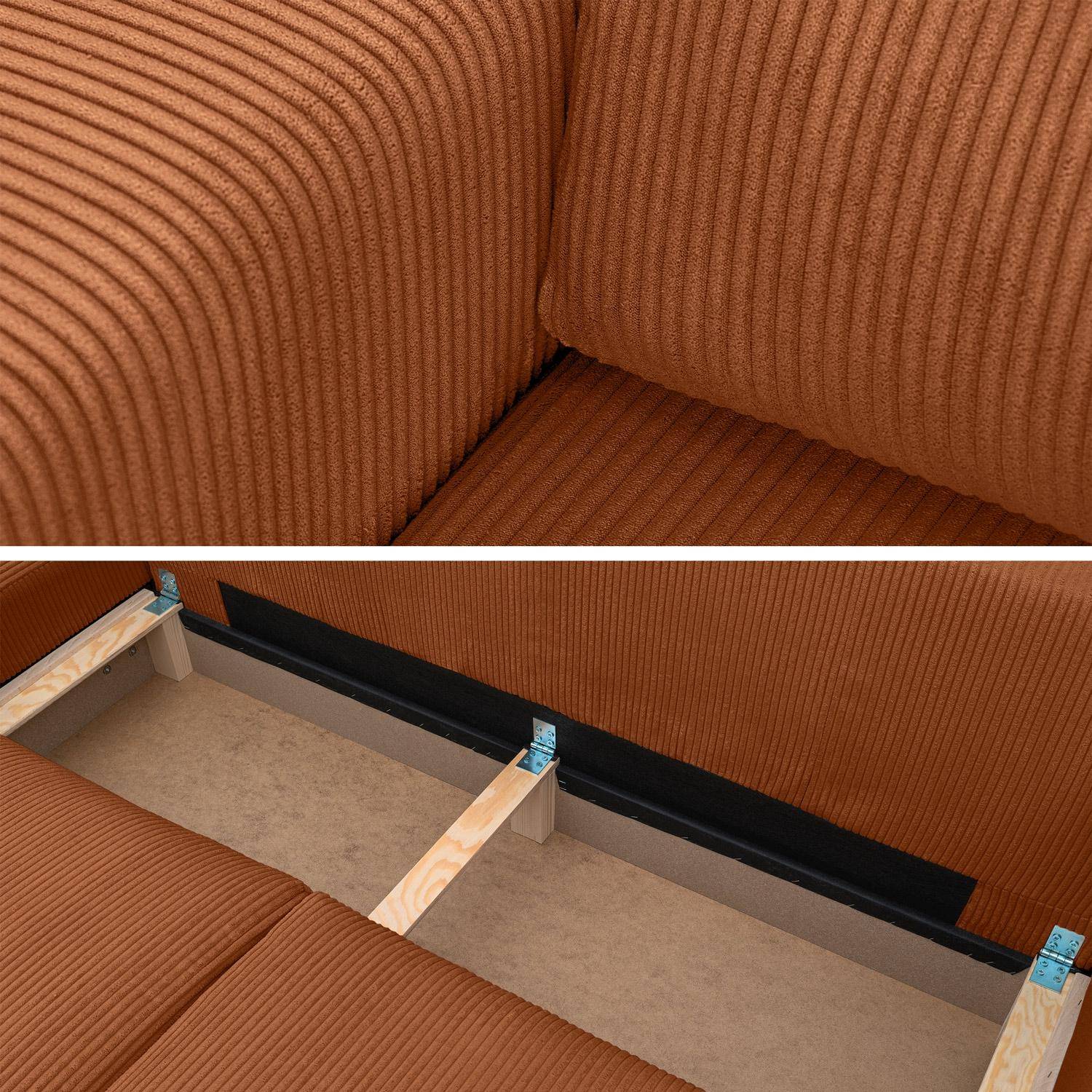 Narożnik rozkładany dwustronny ze sztruksu w prążki z pojemnikiem do przechowywania, kolor camelowy, 5-osobowy - Theo Photo9