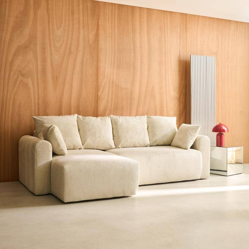 3-Sitzer Ecksofa mit Schlaffunktion, Bettkasten und Cordbezug in greige - Almo Photo2