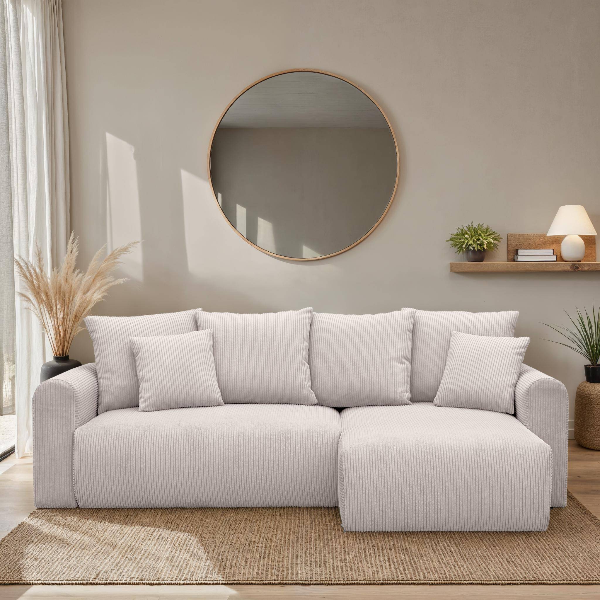 Sofá esquinero convertible reversible de 3 plazas de pana fina, Almo, Gris beige, 240x147x85 cm Photo1