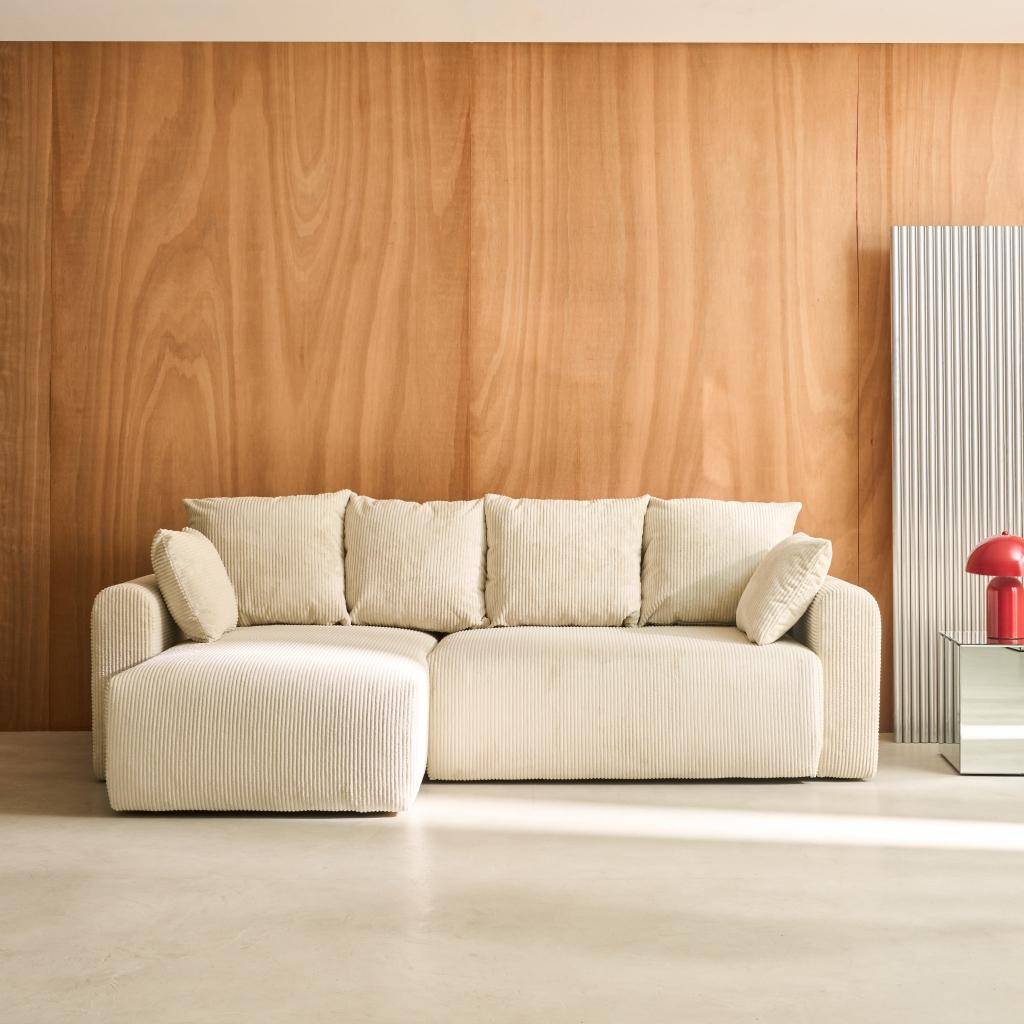 3-Sitzer Ecksofa mit Schlaffunktion, Bettkasten und Cordbezug in greige - Almo Photo1