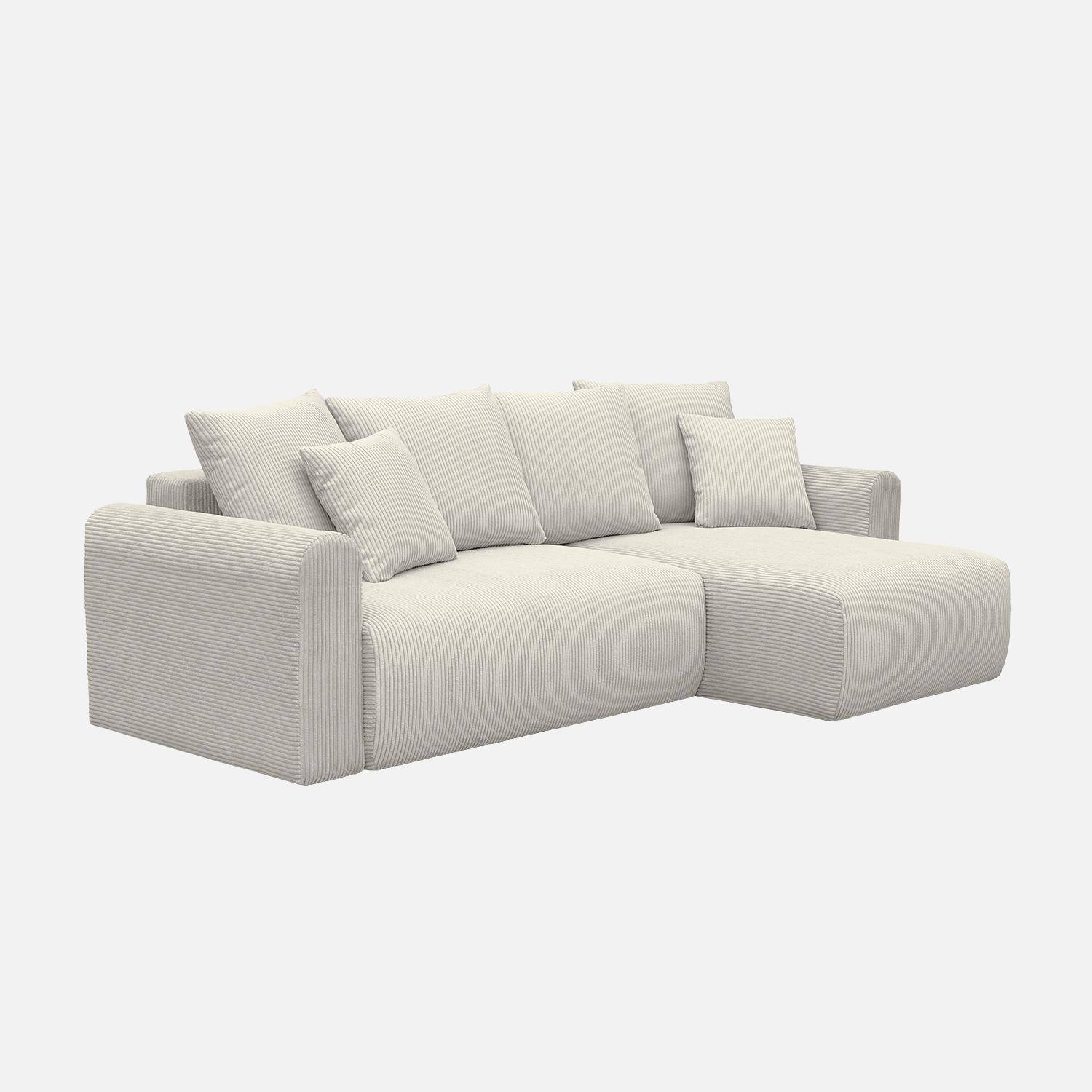 Sofá esquinero convertible reversible de 3 plazas de pana fina, Almo, Gris beige, 240x147x85 cm,sweeek,Photo2