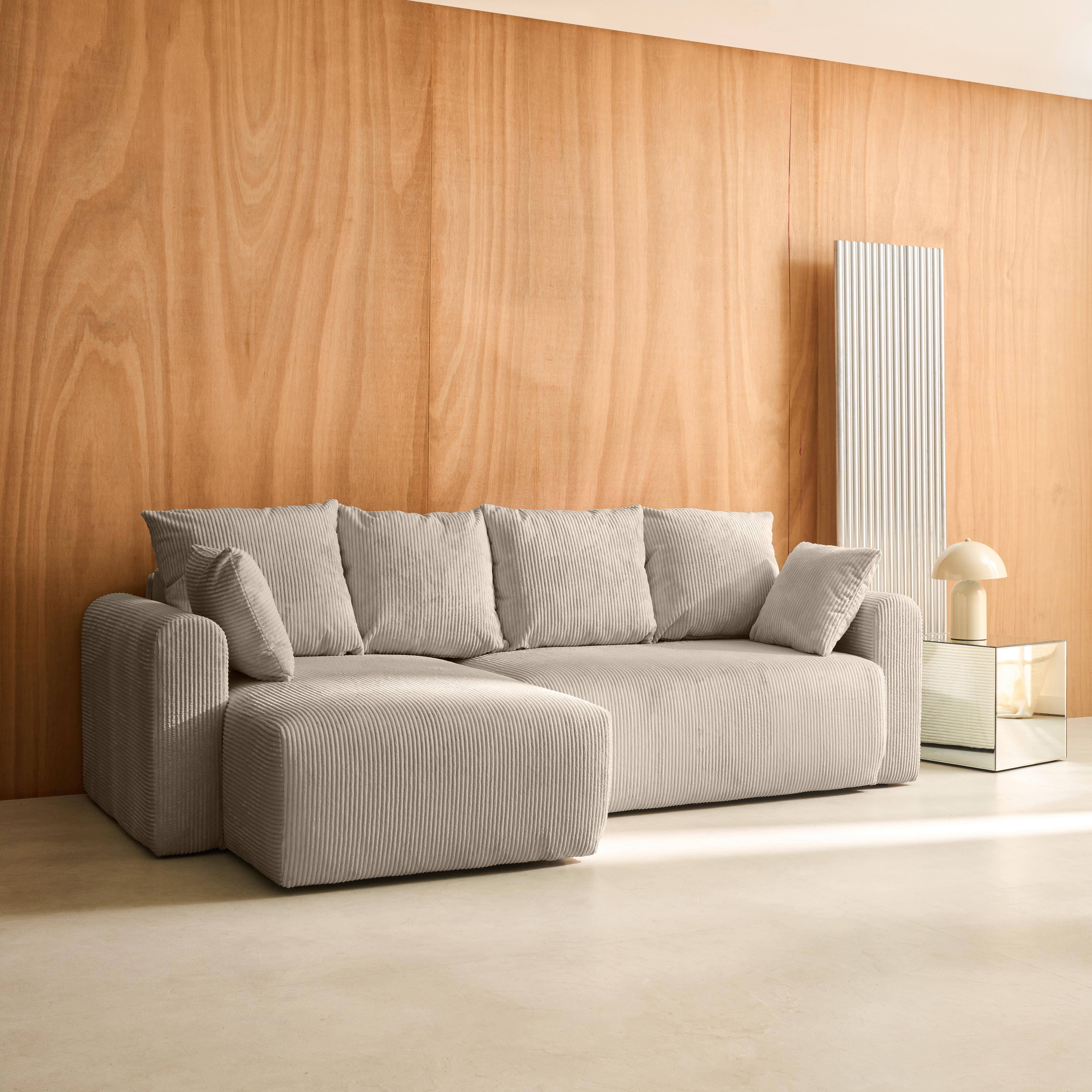 Narożna, odwracalna kanapa 3-osobowa z funkcją spania, ze sztruksu w kolorze taupe, z pojemnikiem na pościel – Almo Photo2