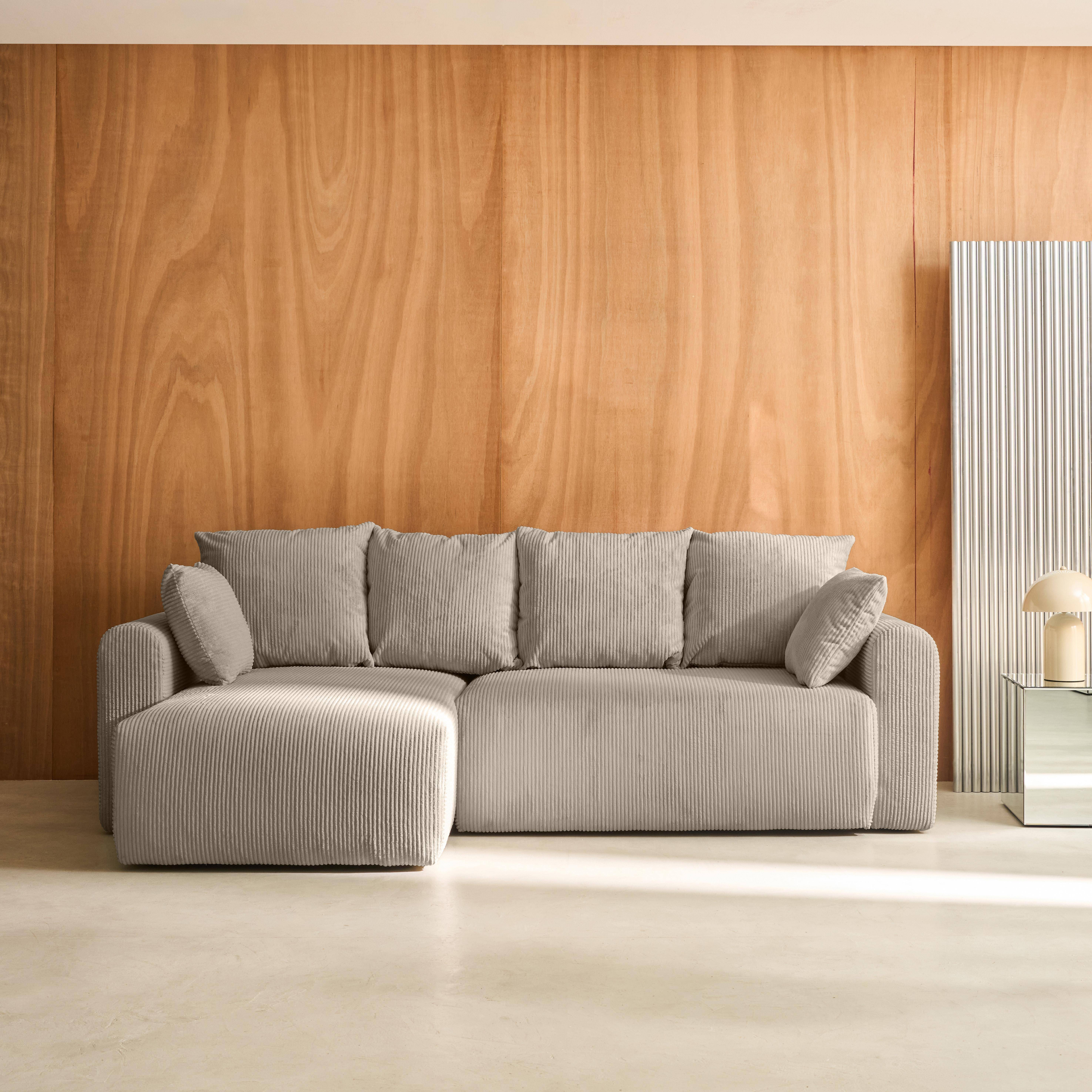 Narożna, odwracalna kanapa 3-osobowa z funkcją spania, ze sztruksu w kolorze taupe, z pojemnikiem na pościel – Almo Photo1